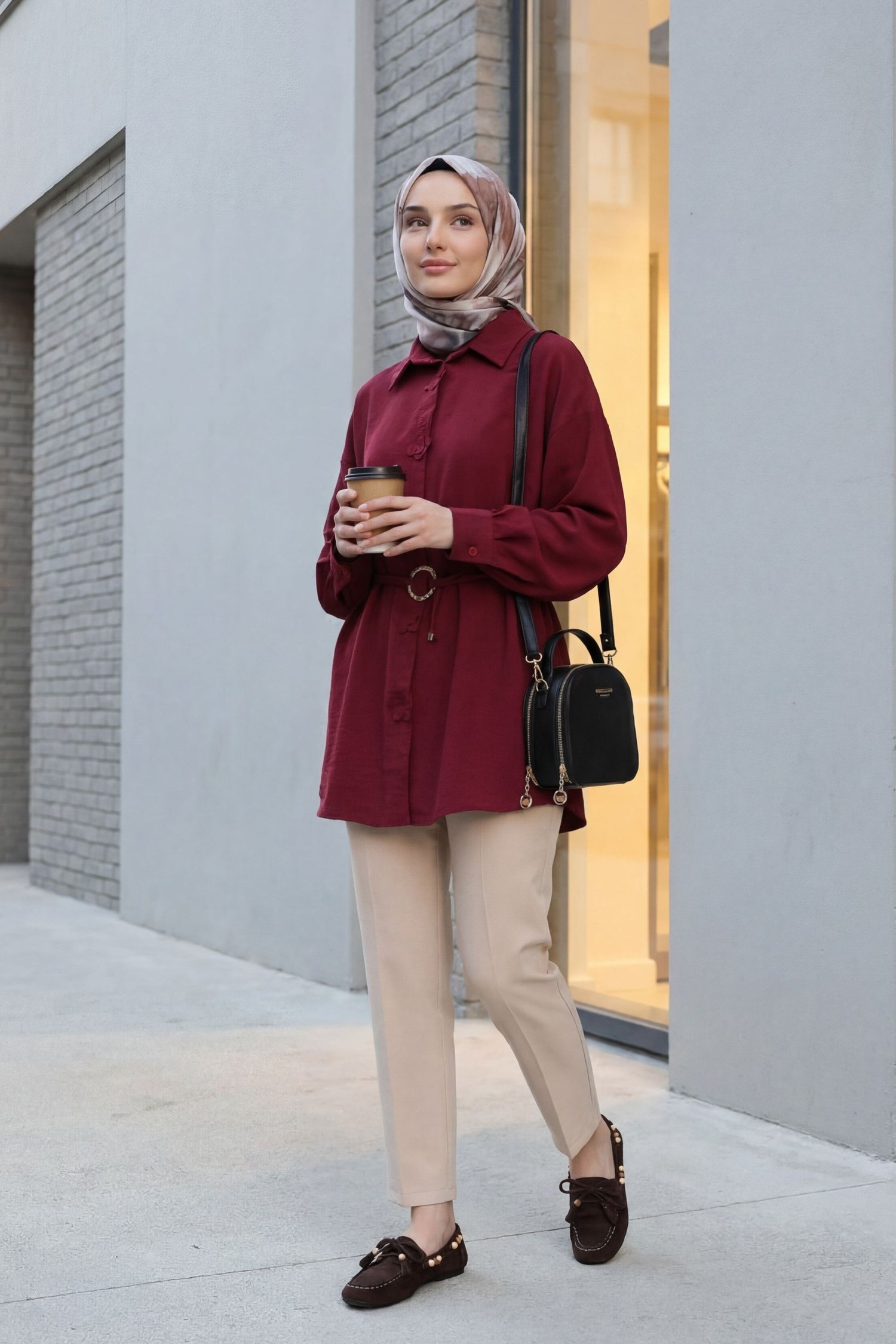 Önü Çiçek Detaylı Tokalı Kemerli Modal Tunik  -Bordo