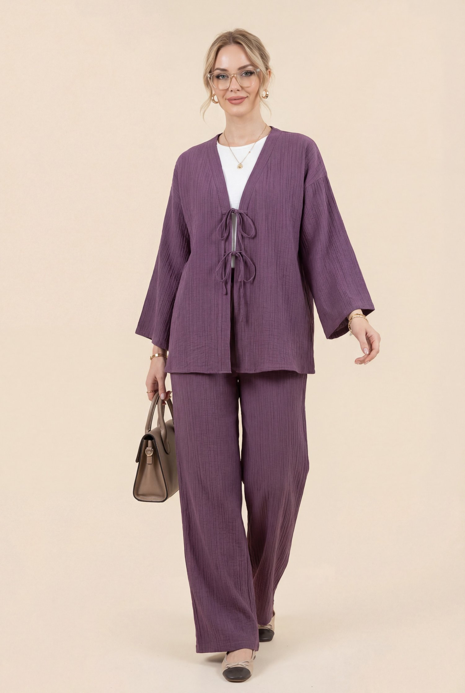 Önü Çift Bağcıklı Pantolonlu Krınkıl Takım -Mürdüm