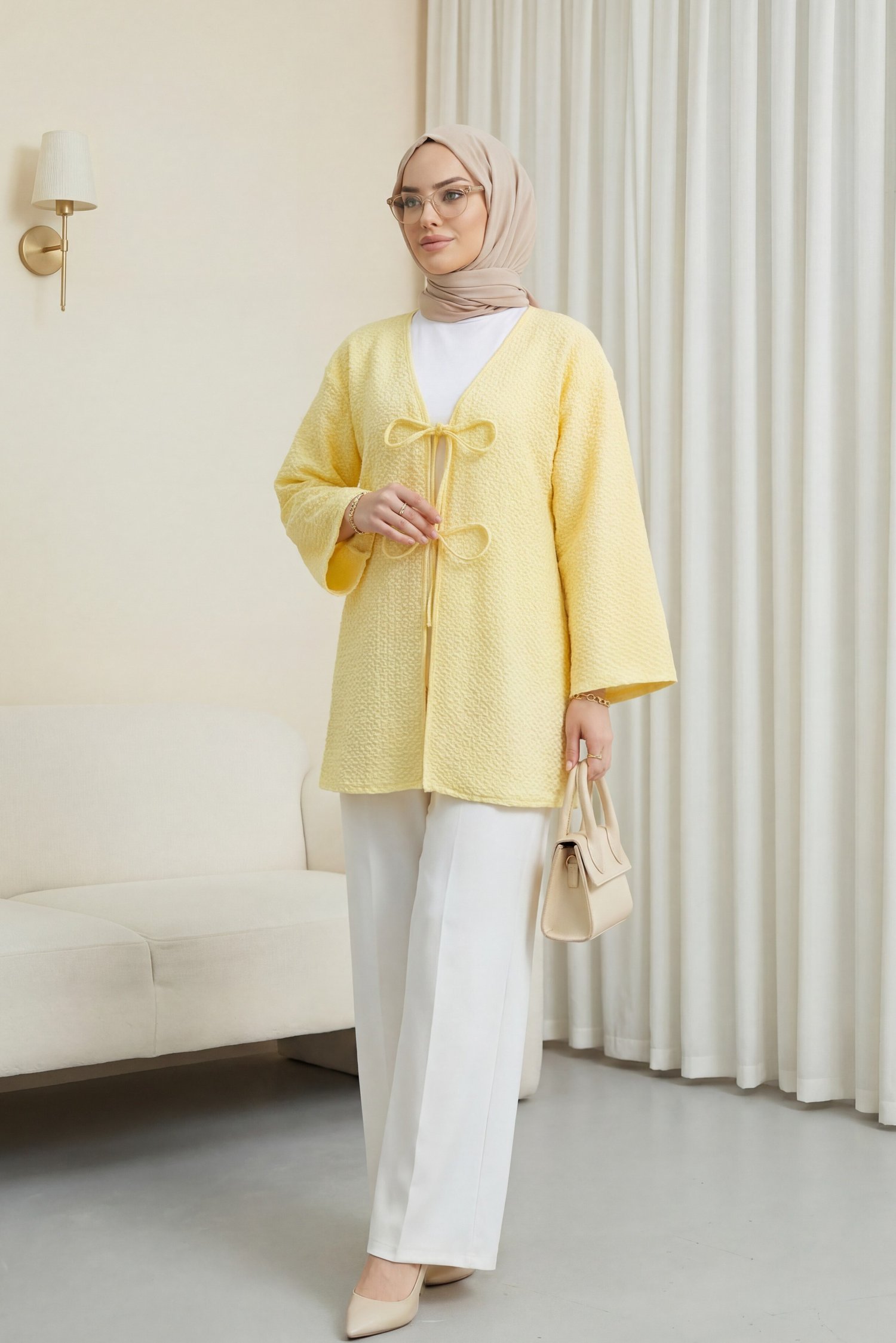 Önü Çift Bağcıklı Petek Desen Kimono -Açık Sarı