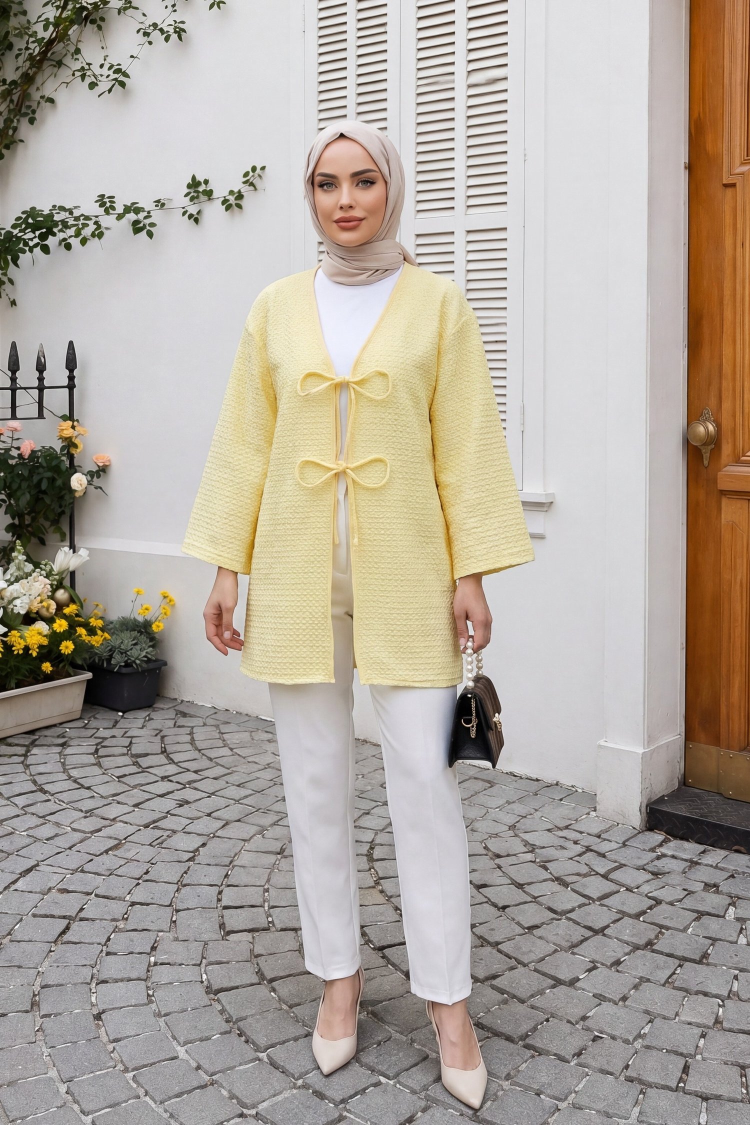 Önü Çift Bağcıklı Petek Desen Kimono -Açık Sarı
