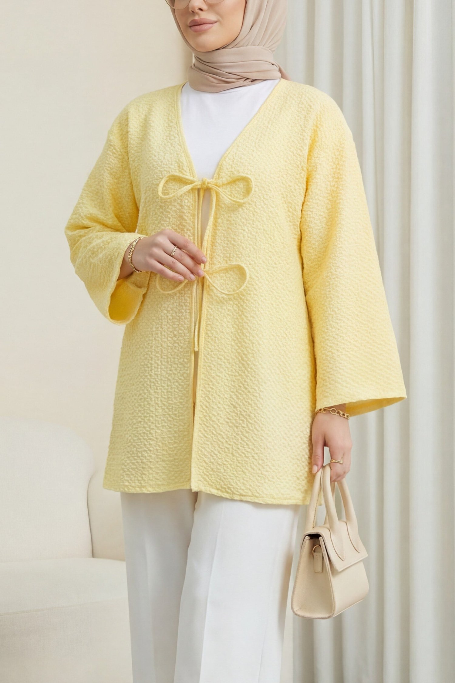 Önü Çift Bağcıklı Petek Desen Kimono -Açık Sarı