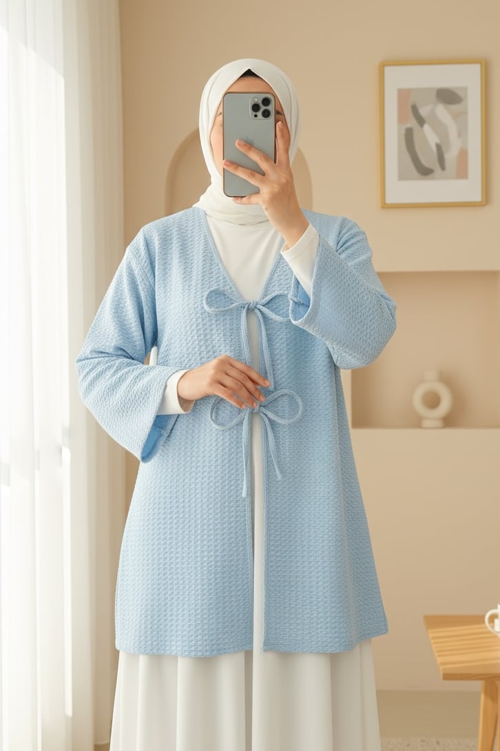 Önü Çift Bağcıklı Petek Desen Kimono -Bebe Mavi