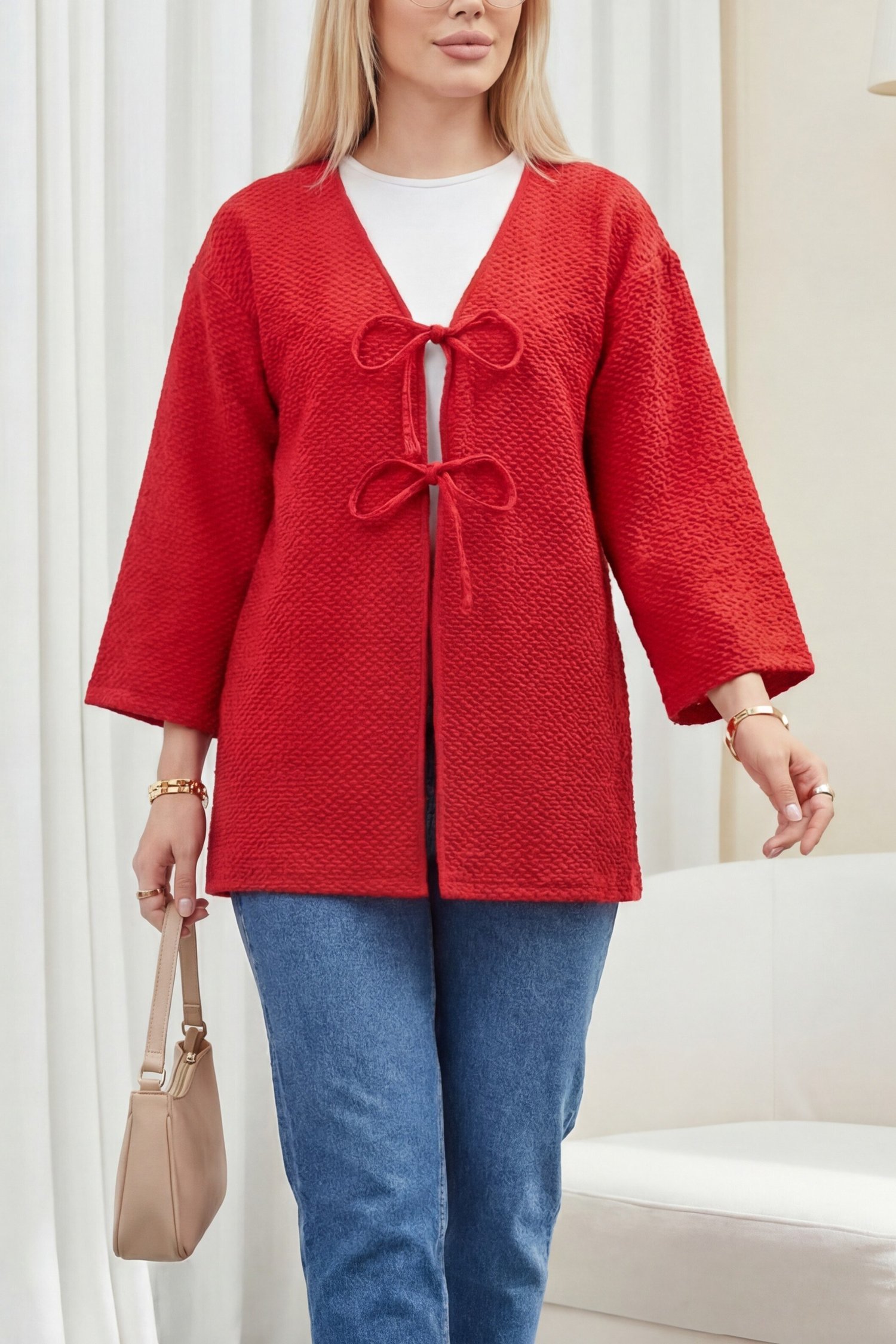 Önü Çift Bağcıklı Petek Desen Kimono -Kırmızı