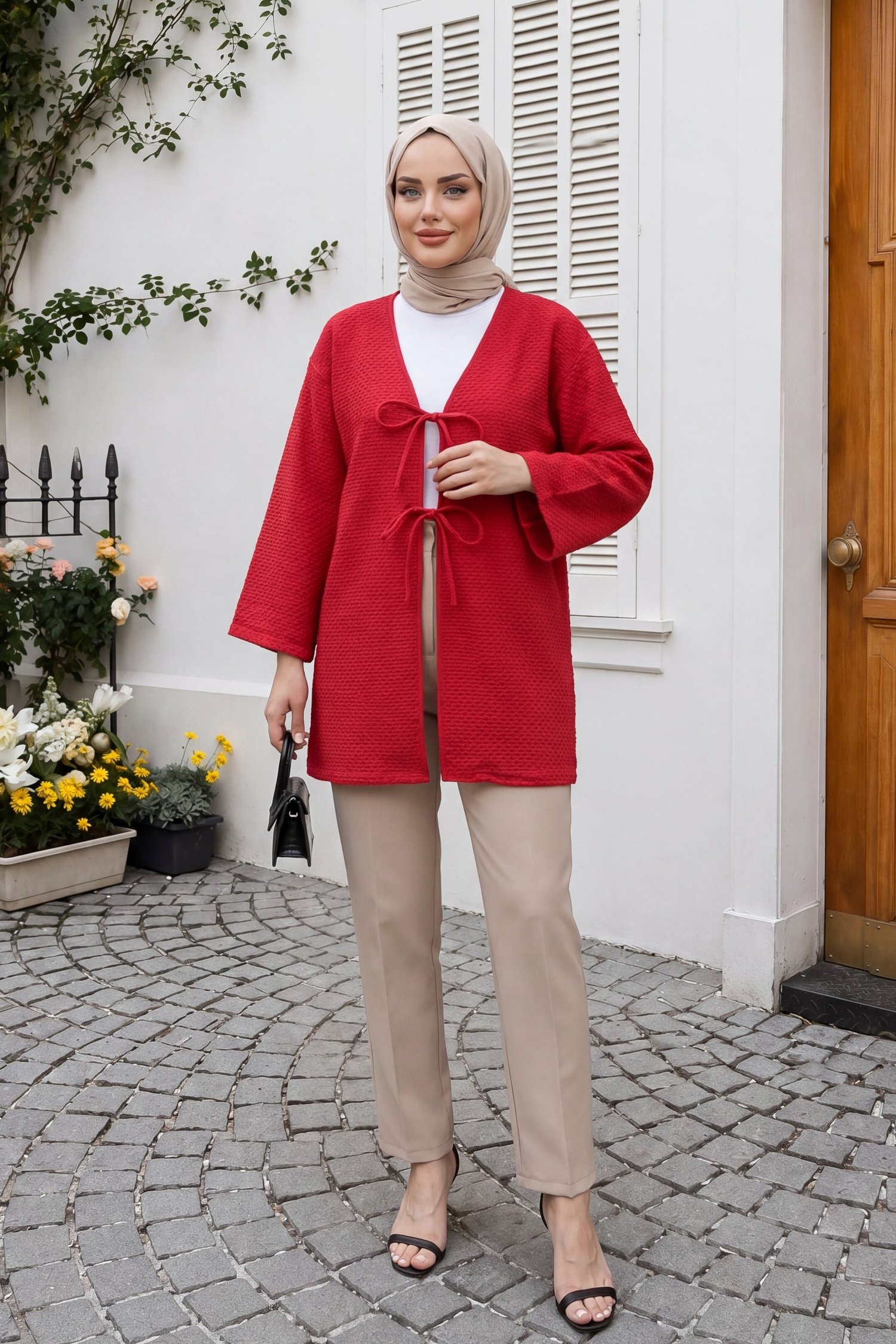 Önü Çift Bağcıklı Petek Desen Kimono -Kırmızı