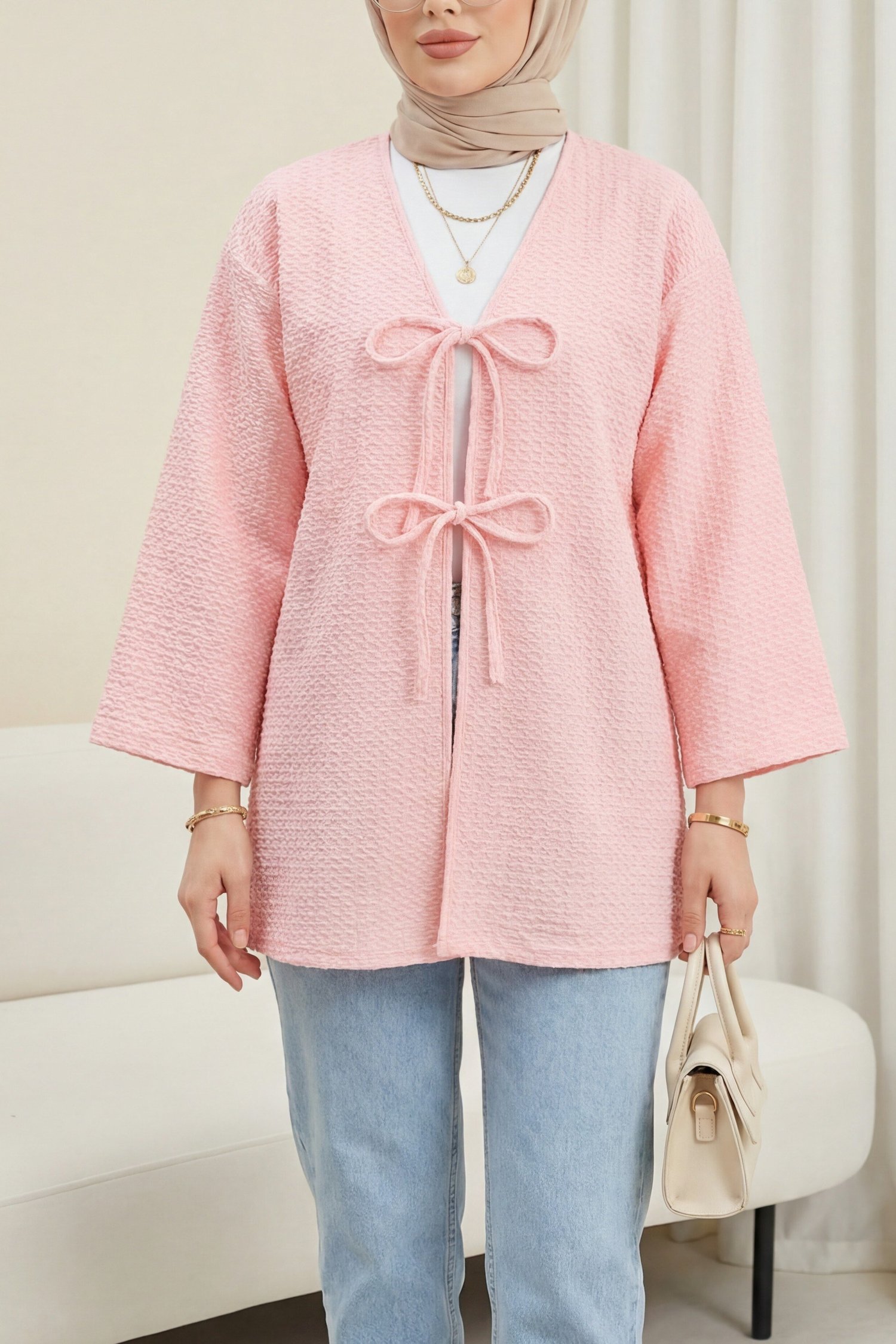 Önü Çift Bağcıklı Petek Desen Kimono -Pembe