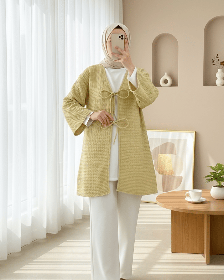 Önü Çift Bağcıklı Petek Desen Kimono -Yağ Yeşili