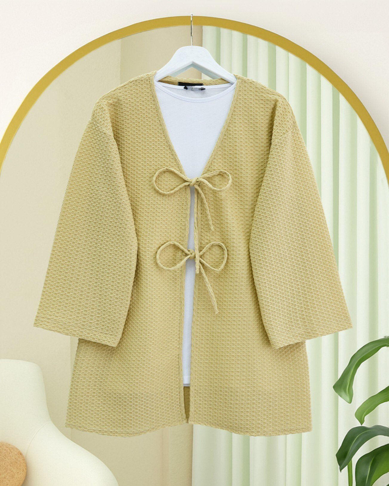 Önü Çift Bağcıklı Petek Desen Kimono -Yağ Yeşili