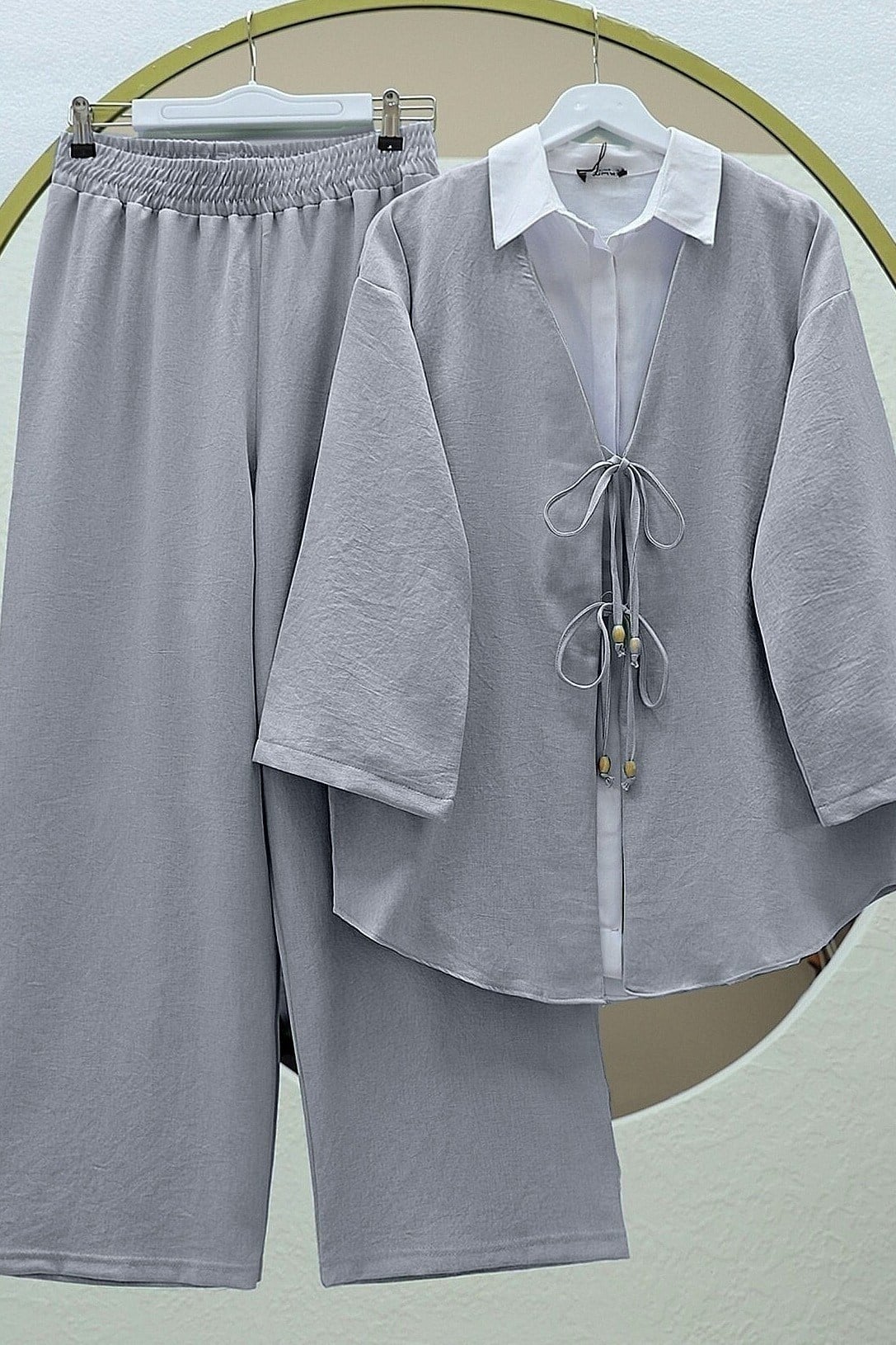 Önü Çift Bağlamalı Pantolonlu Kimono Takım    -Gri