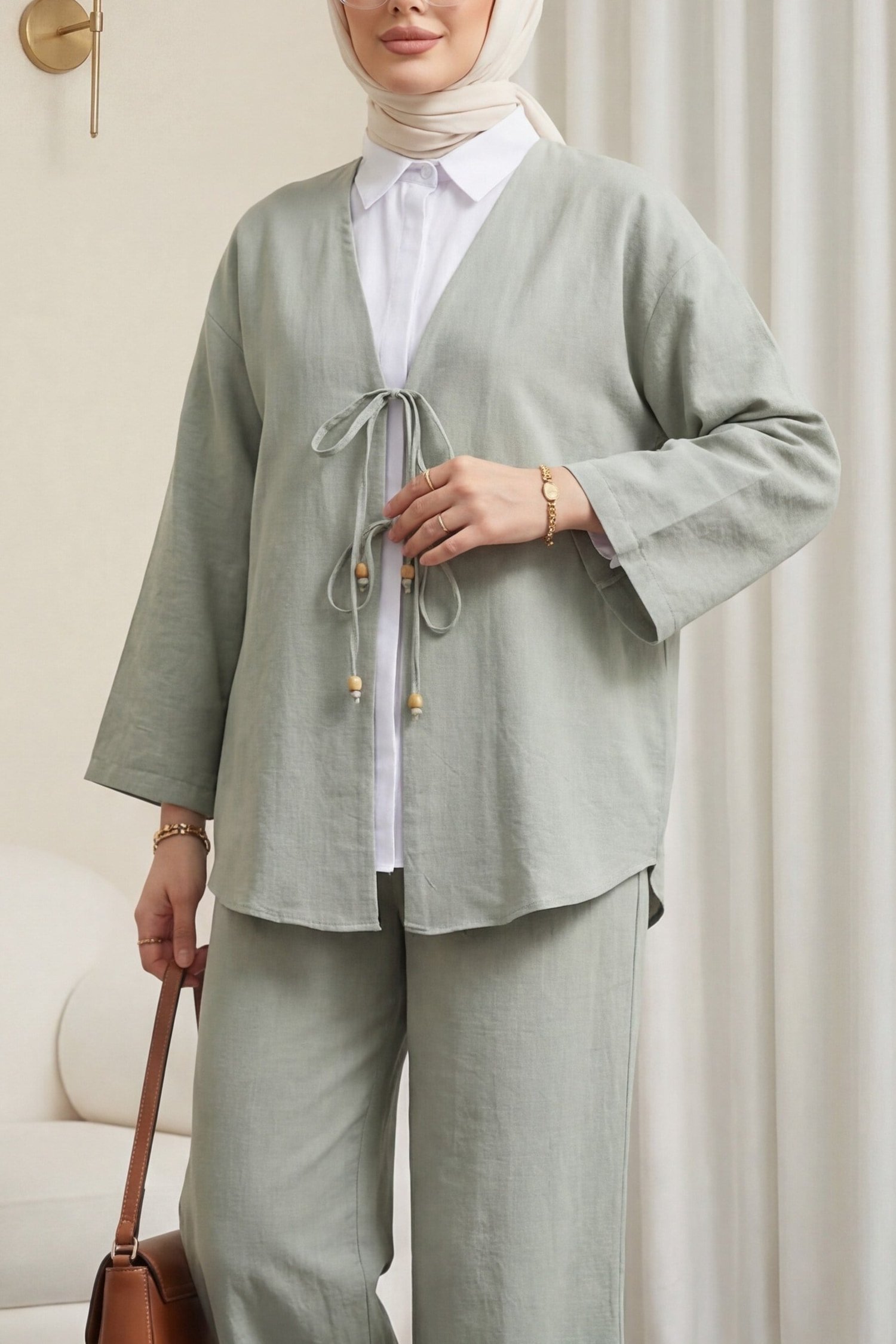 Önü Çift Bağlamalı Pantolonlu Kimono Takım  -Mint