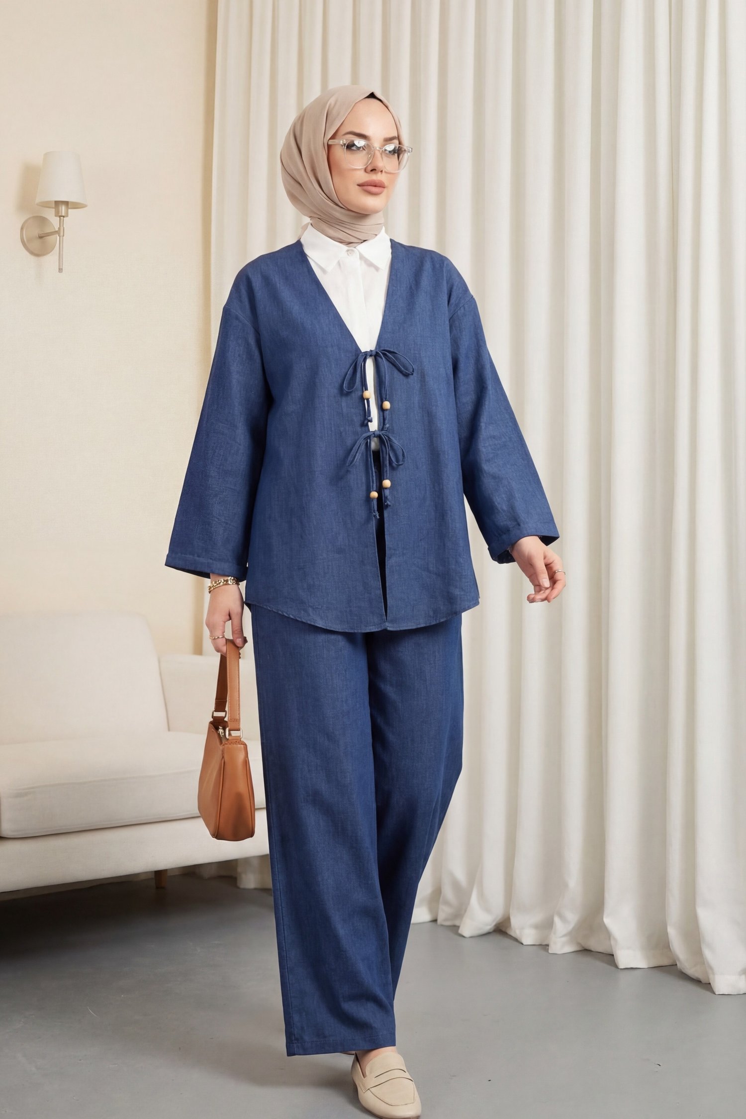 Önü Çift Bağlamalı Pantolonlu Kimono Takım   -İndigo