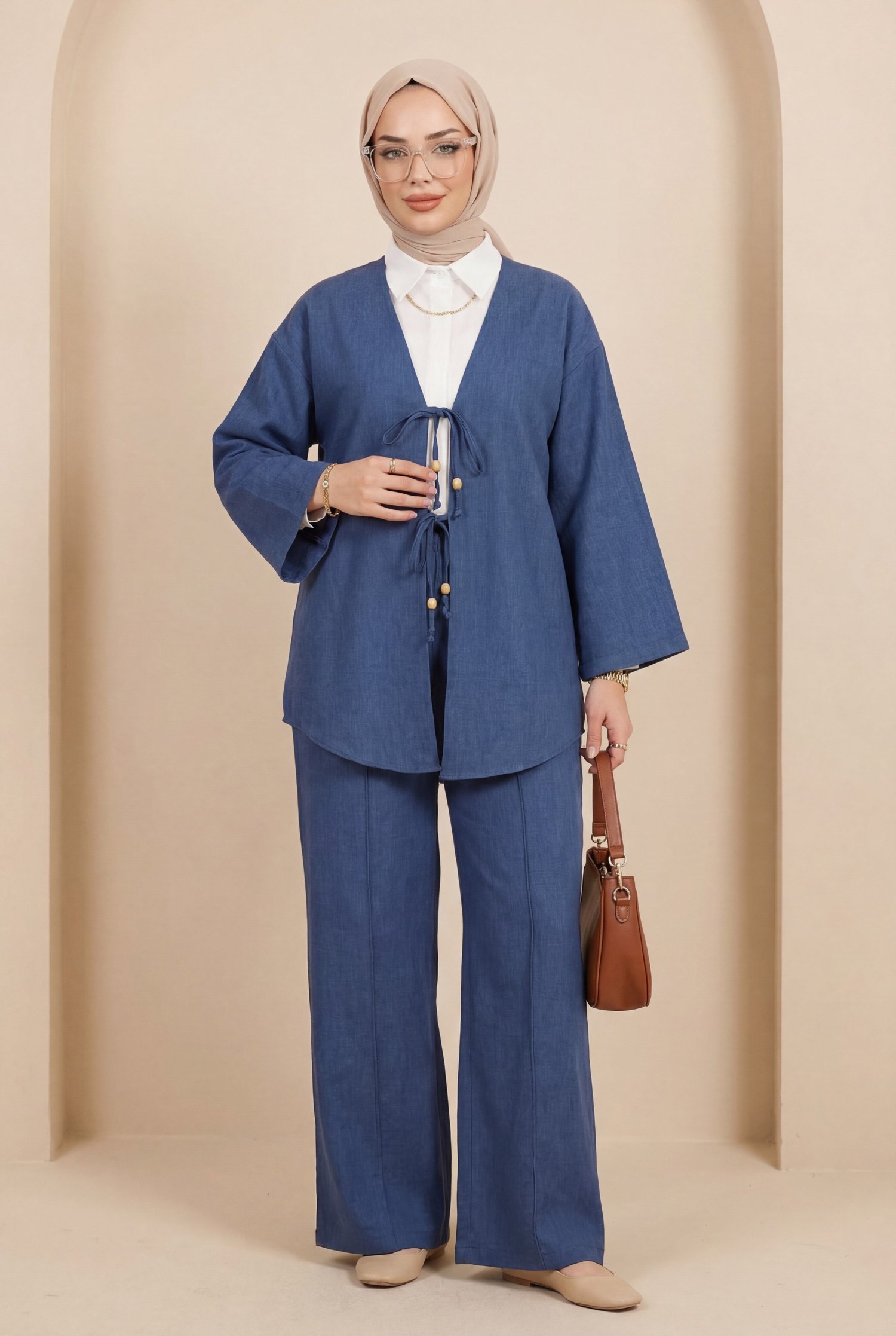 Önü Çift Bağlamalı Pantolonlu Kimono Takım   -İndigo