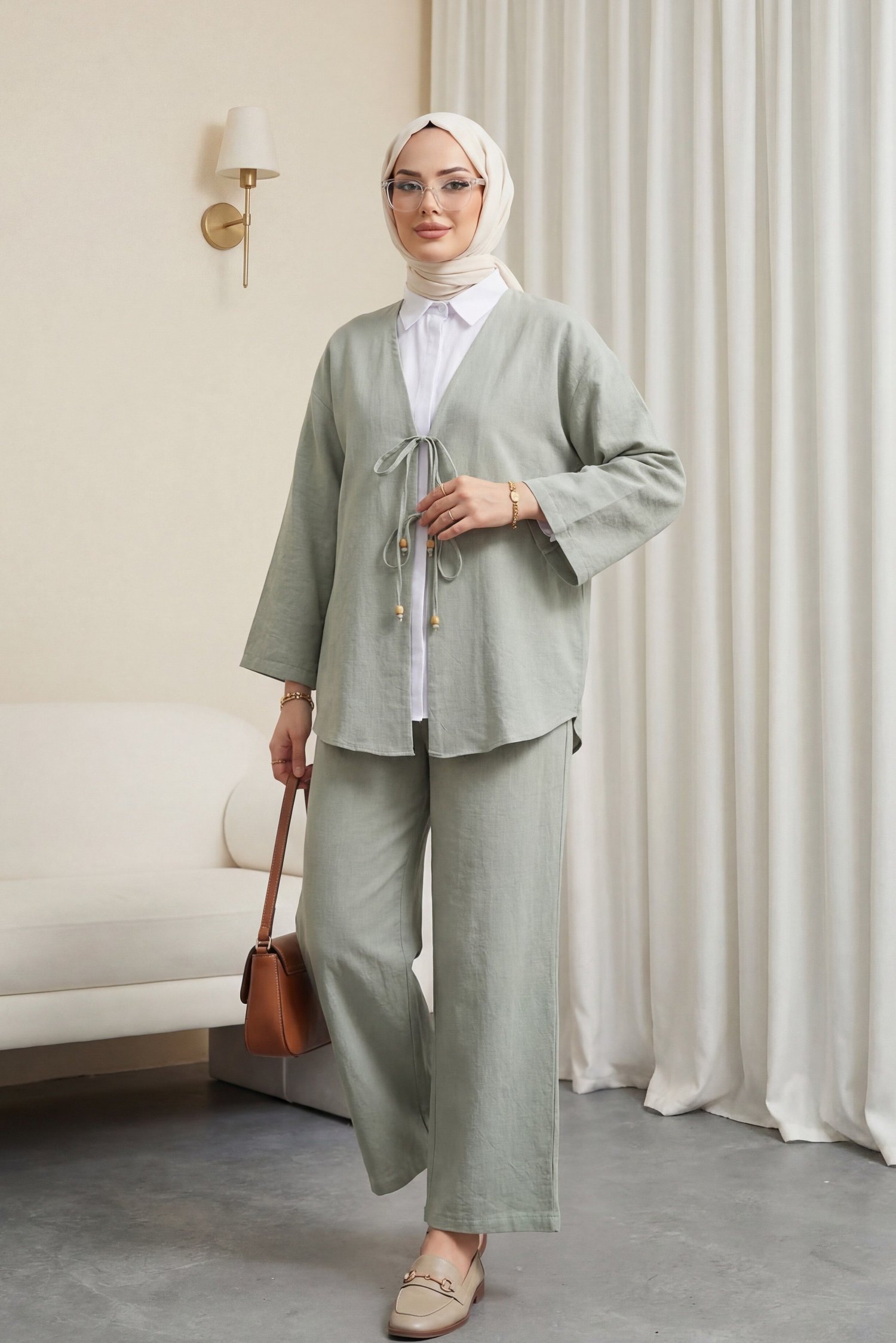 Önü Çift Bağlamalı Pantolonlu Kimono Takım  -Mint