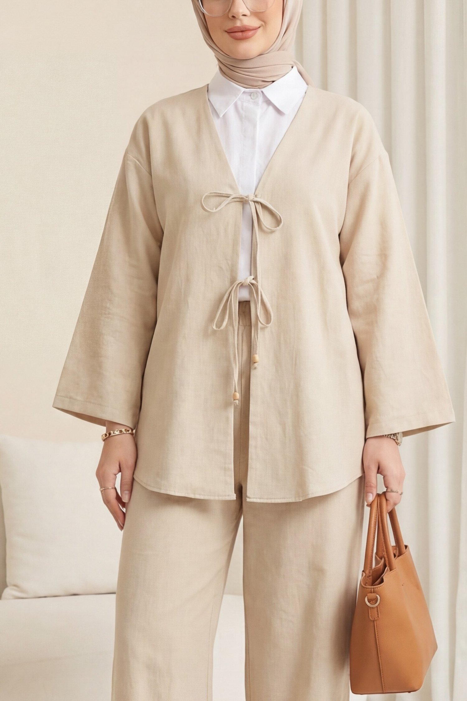 Önü Çift Bağlamalı Pantolonlu Kimono Takım -Bej