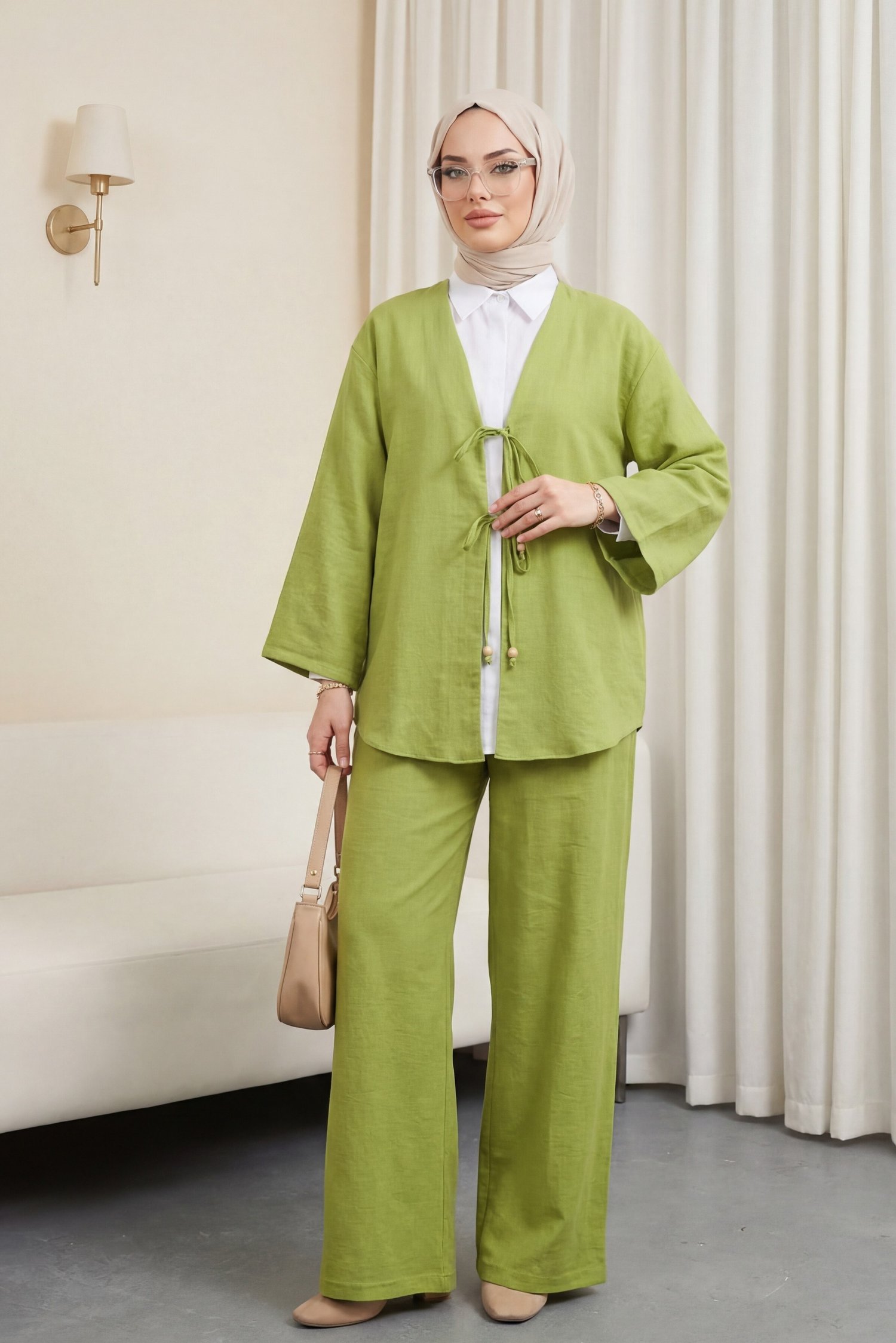 Önü Çift Bağlamalı Pantolonlu Kimono Takım -Yağ Yeşili
