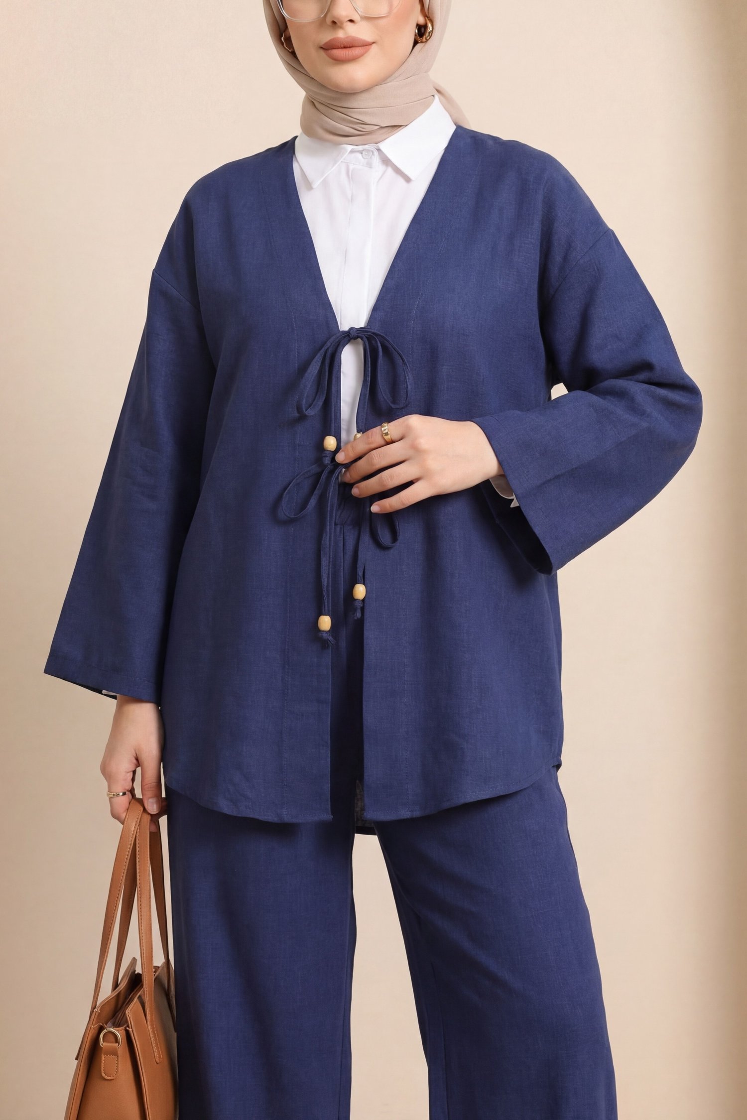 Önü Çift Bağlamalı Pantolonlu Kimono Takım -Laci
