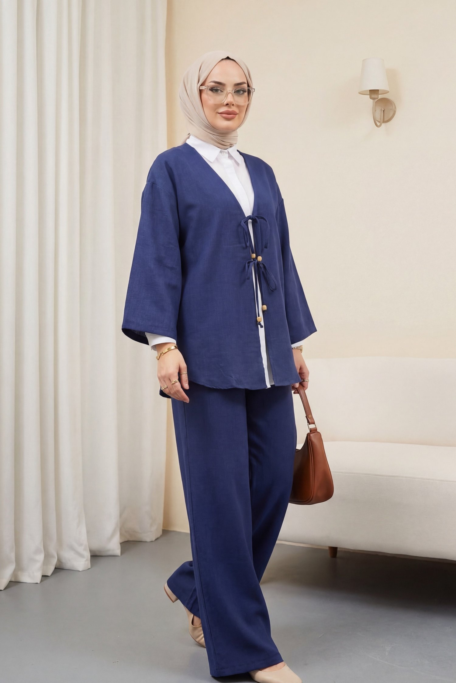 Önü Çift Bağlamalı Pantolonlu Kimono Takım -Laci