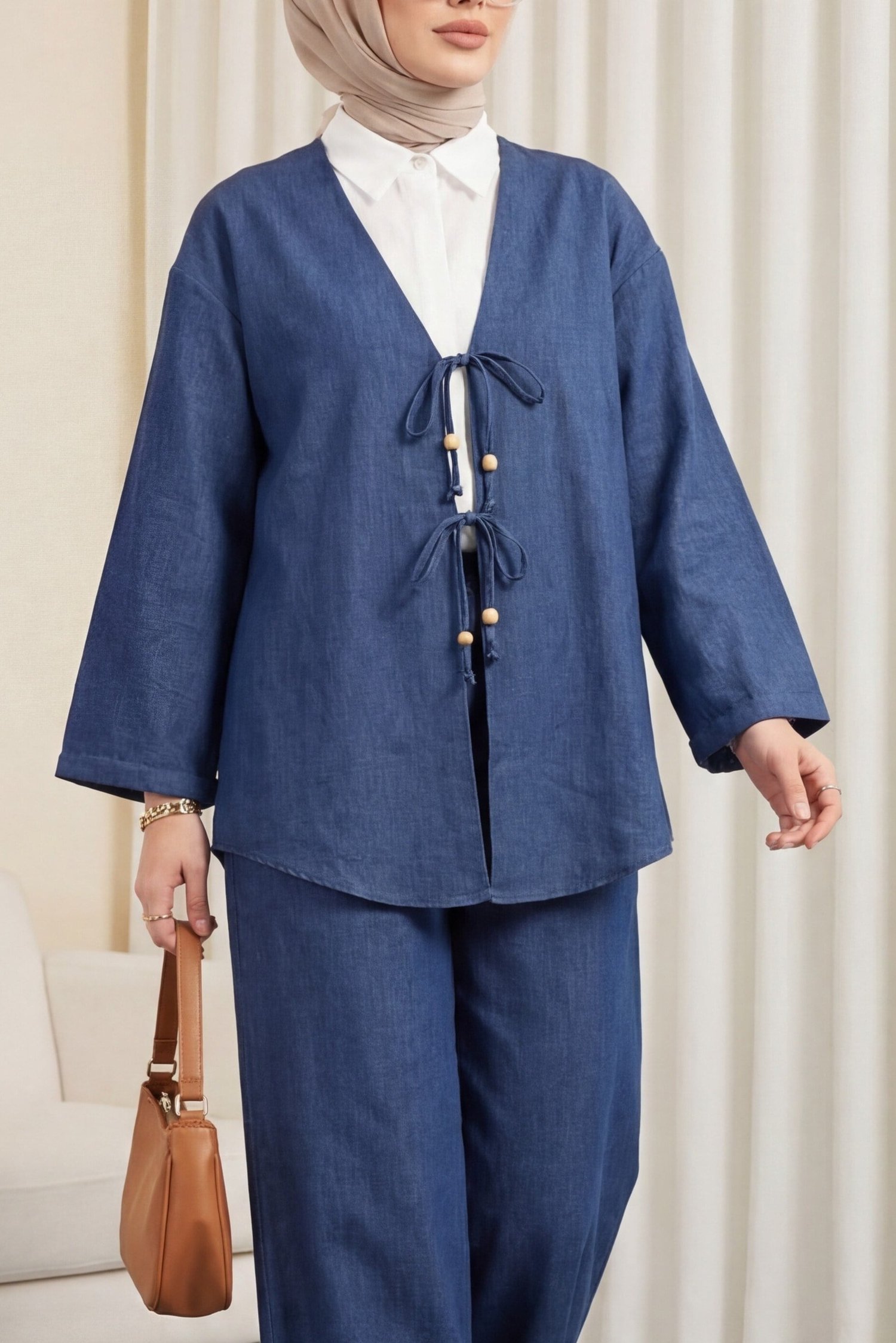 Önü Çift Bağlamalı Pantolonlu Kimono Takım   -İndigo
