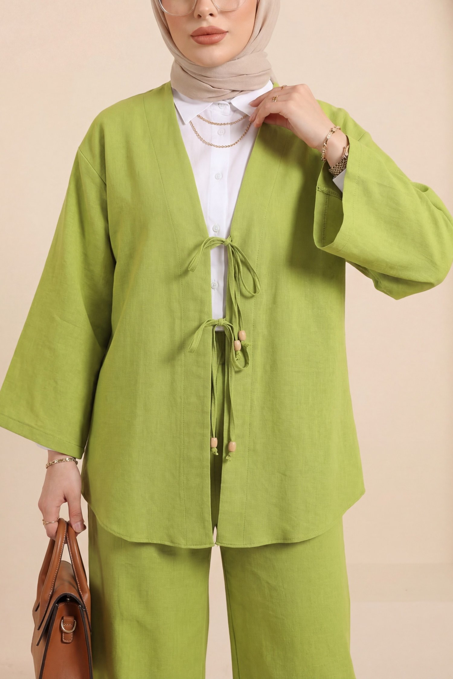 Önü Çift Bağlamalı Pantolonlu Kimono Takım -Yağ Yeşili