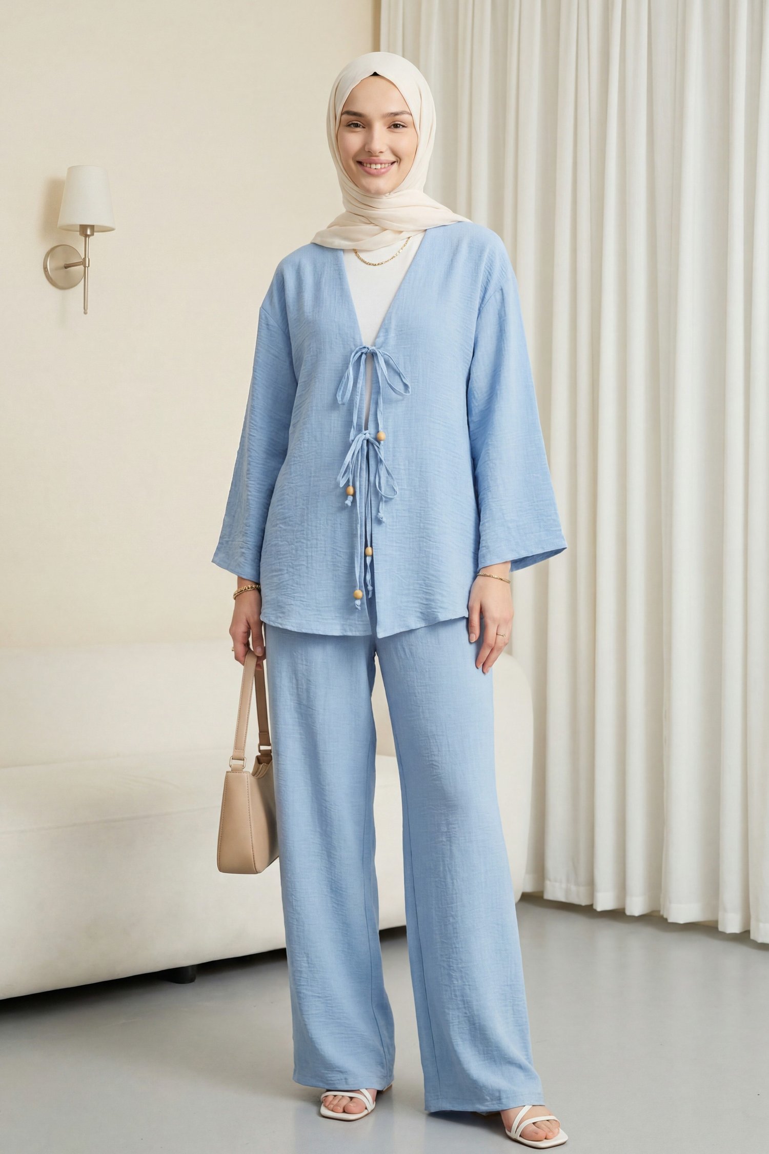 Önü Çift Bağlamalı Pantolonlu Kimono Takım        -Buz Mavi