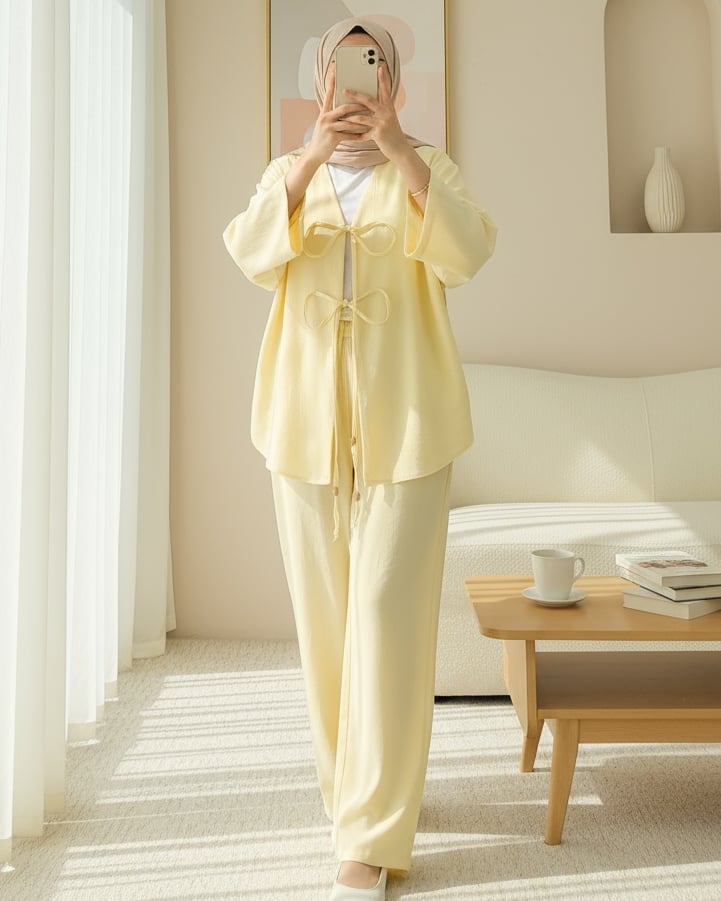 Önü Çift Bağlamalı Pantolonlu Kimono Takım       -Açık Sarı