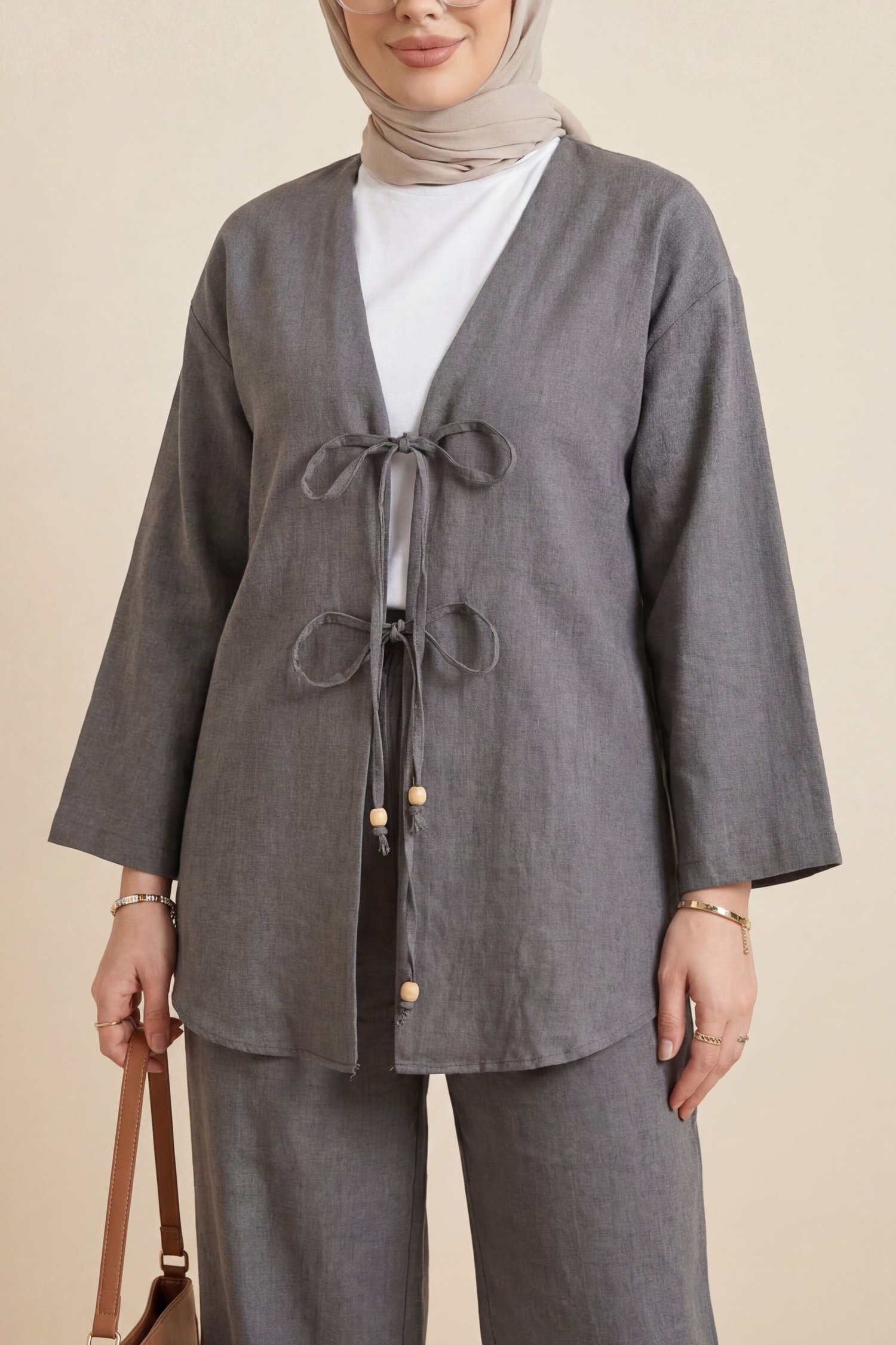 Önü Çift Bağlamalı Pantolonlu Kimono Takım       -Antrasit