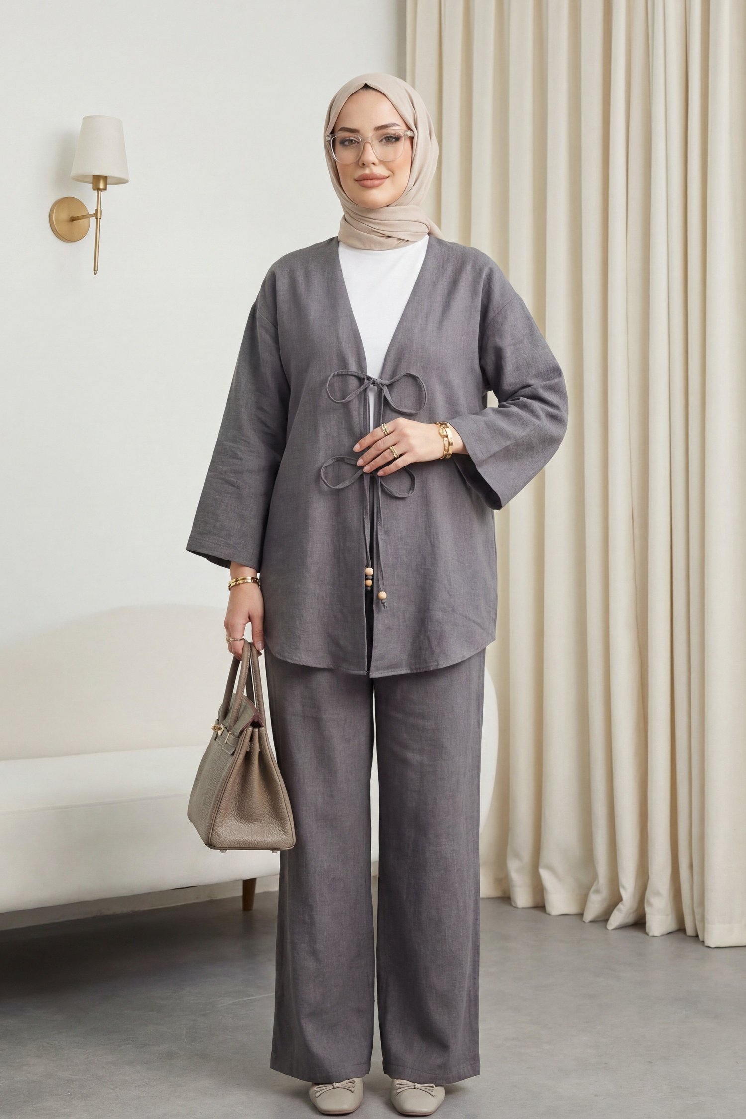 Önü Çift Bağlamalı Pantolonlu Kimono Takım       -Antrasit