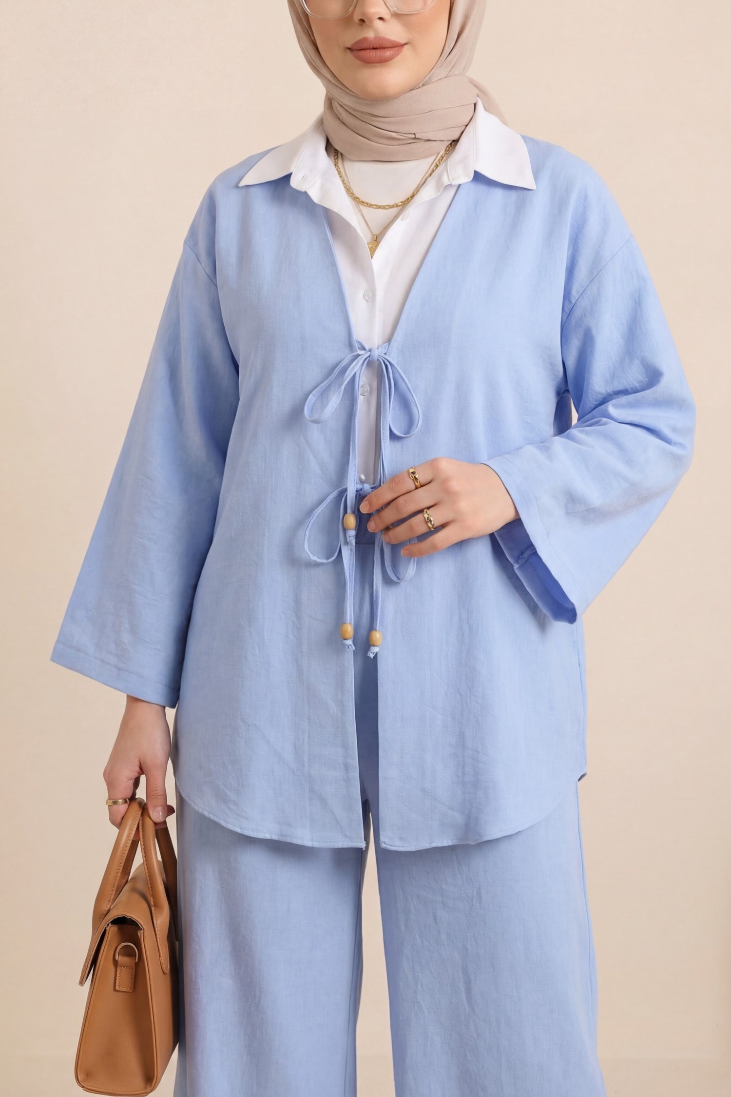 Önü Çift Bağlamalı Pantolonlu Kimono Takım -Bebe Mavi