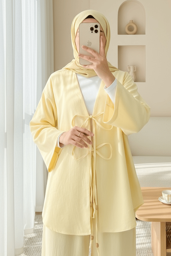 Önü Çift Bağlamalı Pantolonlu Kimono Takım       -Açık Sarı