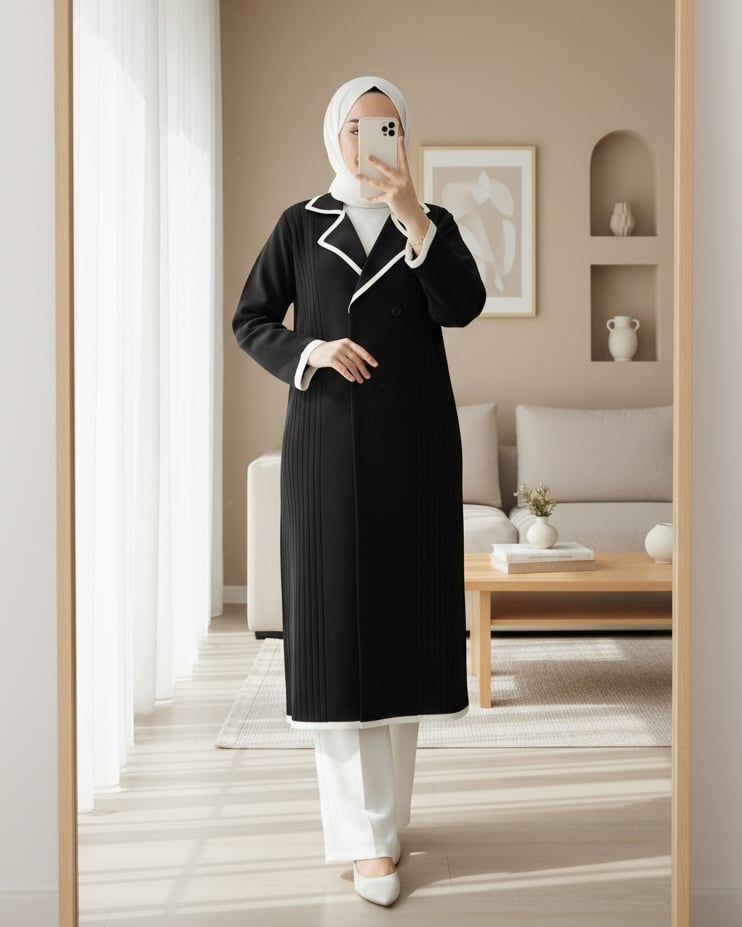 Önü Çıtçıtlı Cepli Uzun Triko Hırka -Siyah