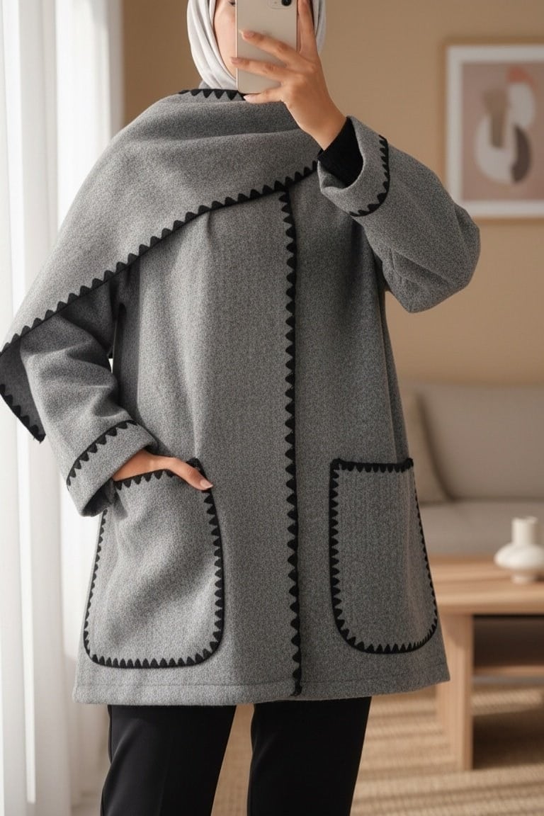Önü Düğmeli Atkılı Cepli Ceket  -Gri