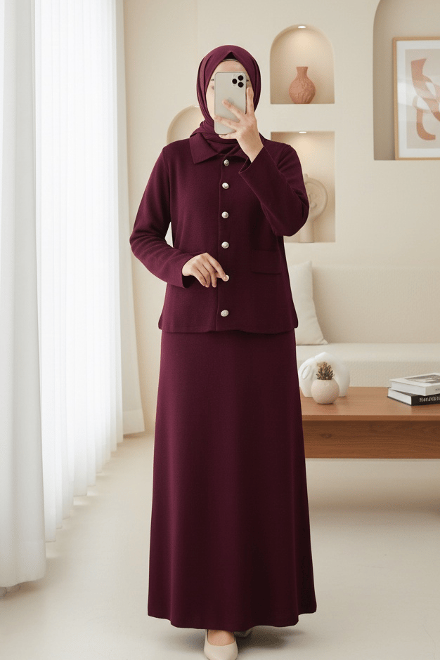 Önü Düğmeli Etekli Yakalı Triko Takım -Bordo