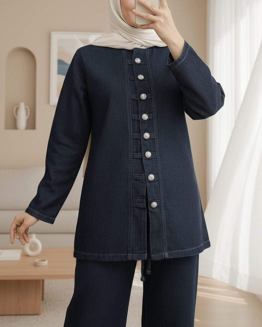 Önü Düğmeli Pantolonlu Kot Takım -Lacivert
