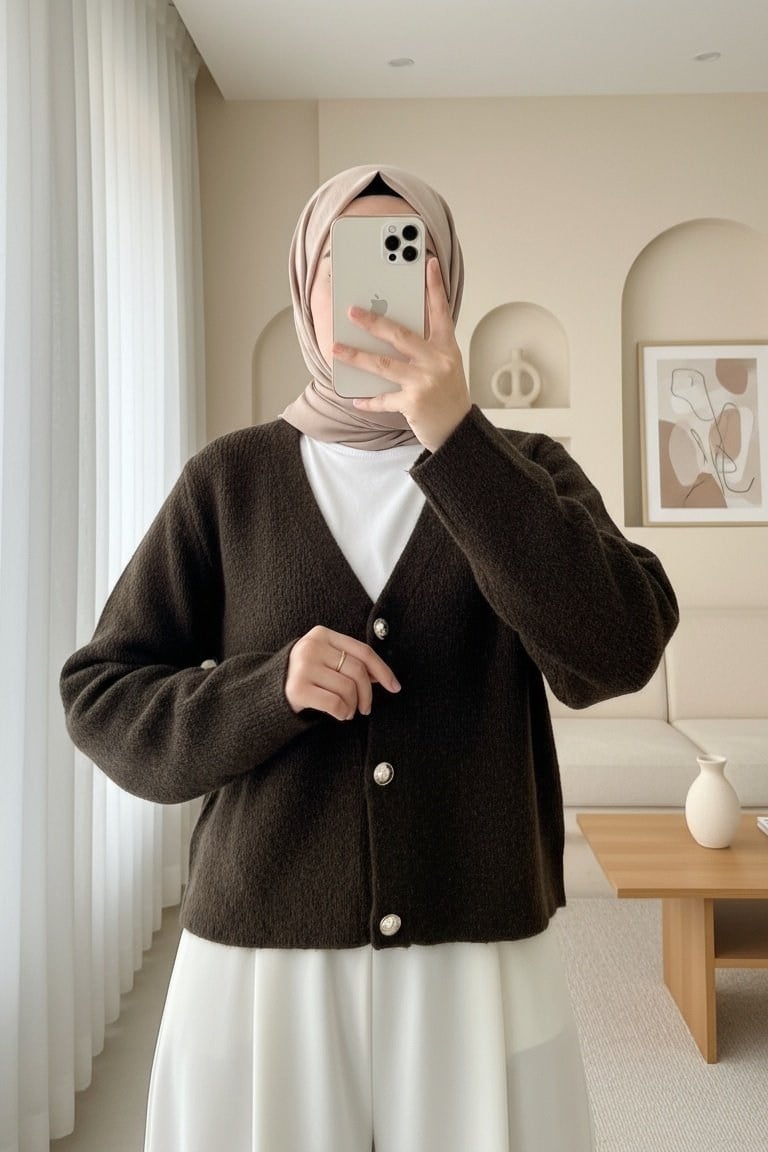 Önü Düğmeli Yumoş Triko Hırka -K. Kahve
