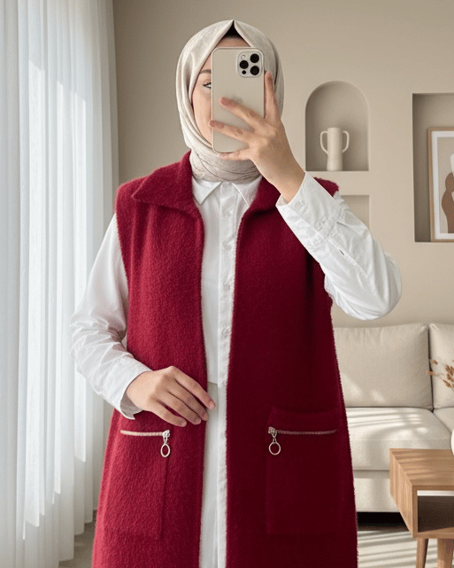 Önü Fermuarlı Torba Cepli Sakallı Yelek -Kırmızı