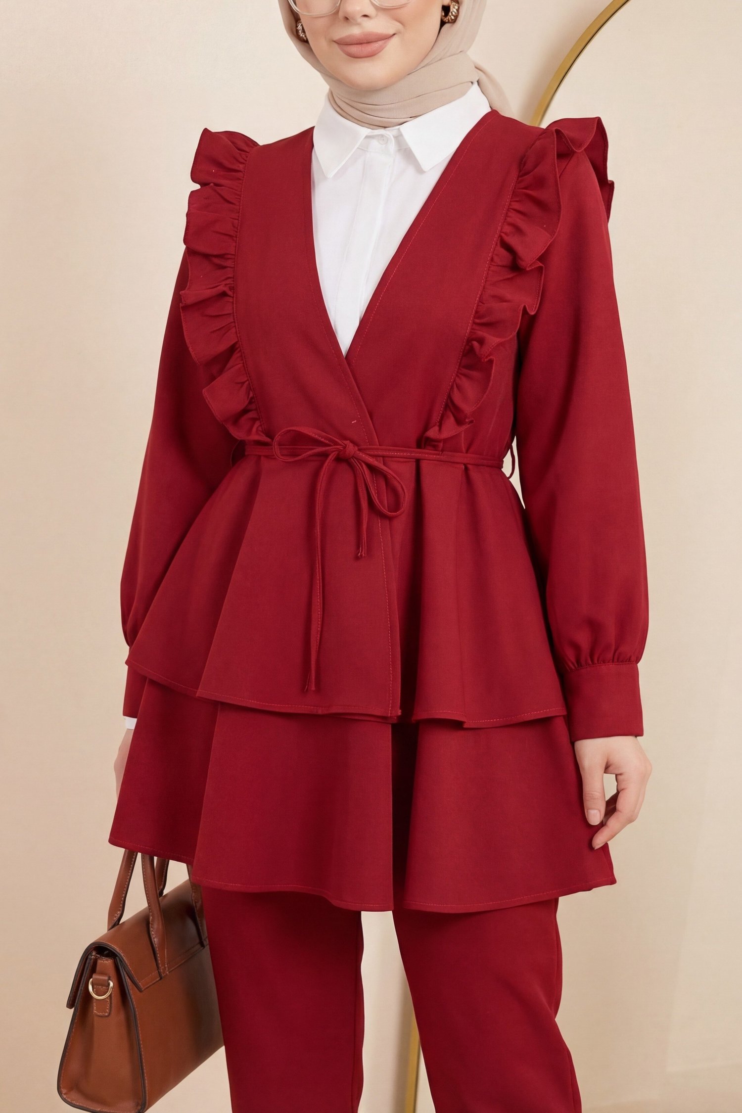 Önü Fırfırlı Bağcıklı Eteği Katlı Pantolonlu Kimono Takım -Bordo
