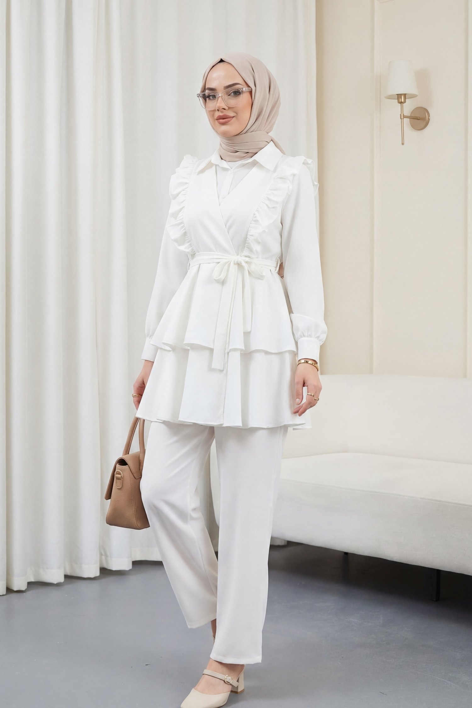 Önü Fırfırlı Bağcıklı Eteği Katlı Pantolonlu Kimono Takım   -Beyaz