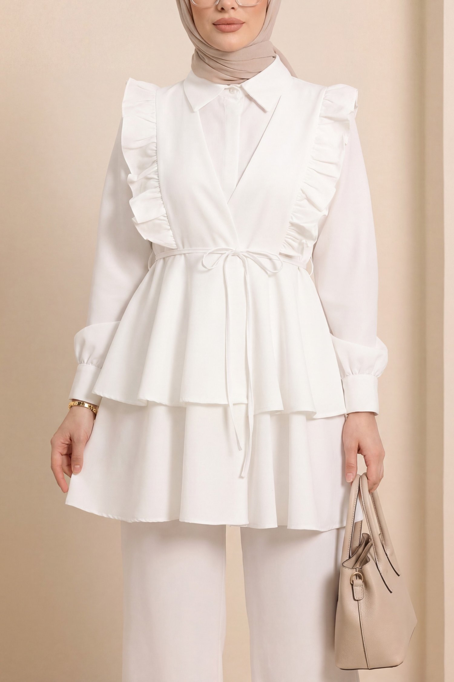 Önü Fırfırlı Bağcıklı Eteği Katlı Pantolonlu Kimono Takım   -Beyaz