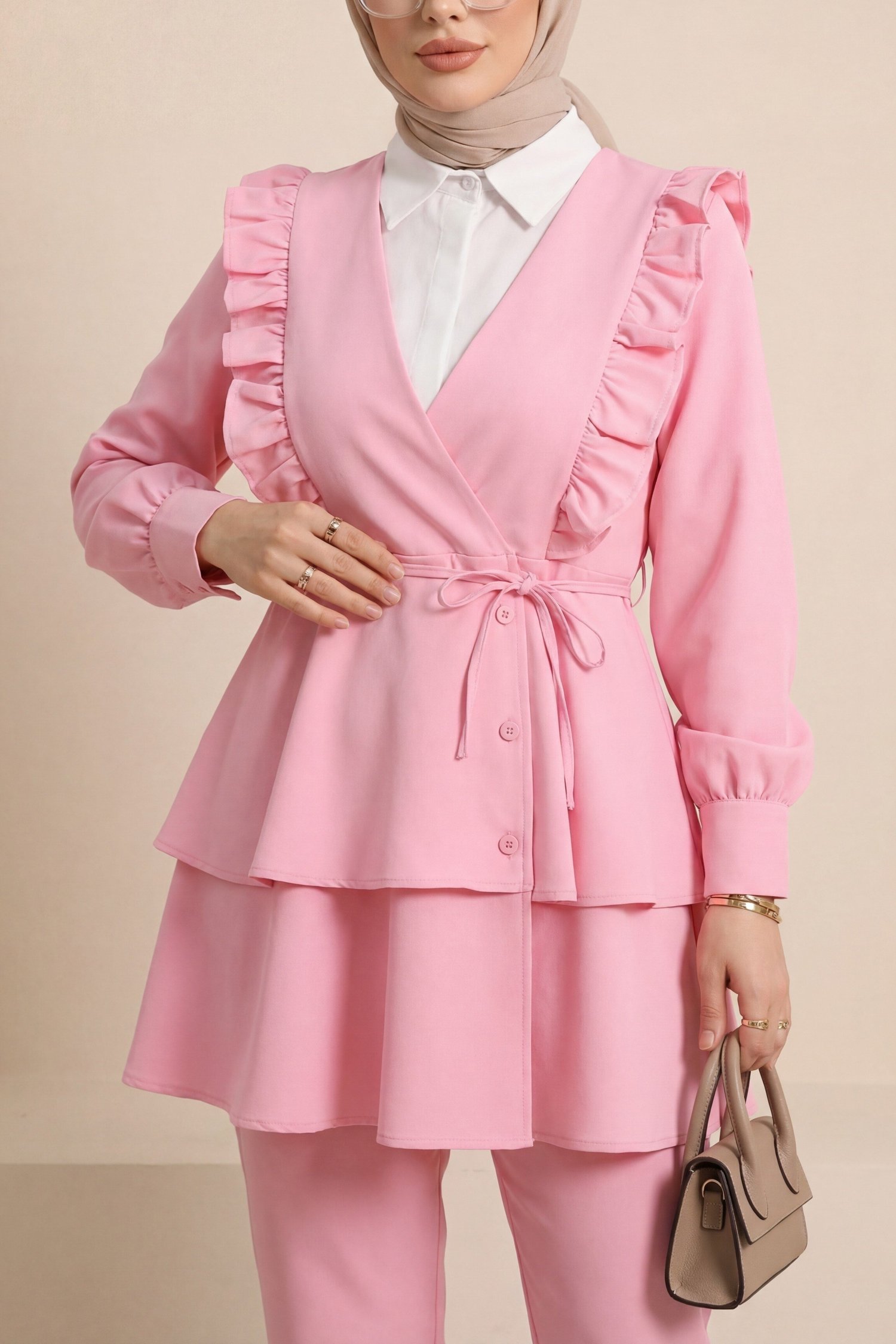 Önü Fırfırlı Bağcıklı Eteği Katlı Pantolonlu Kimono Takım    -Pembe