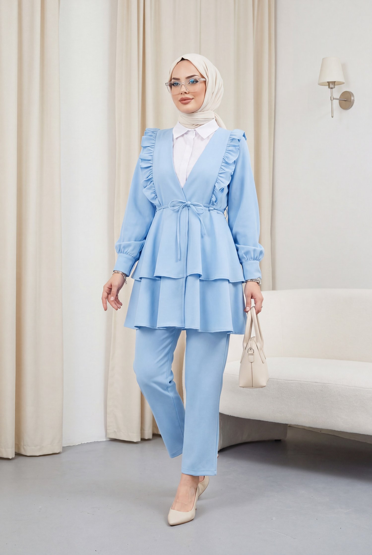 Önü Fırfırlı Bağcıklı Eteği Katlı Pantolonlu Kimono Takım    -Bebe Mavi