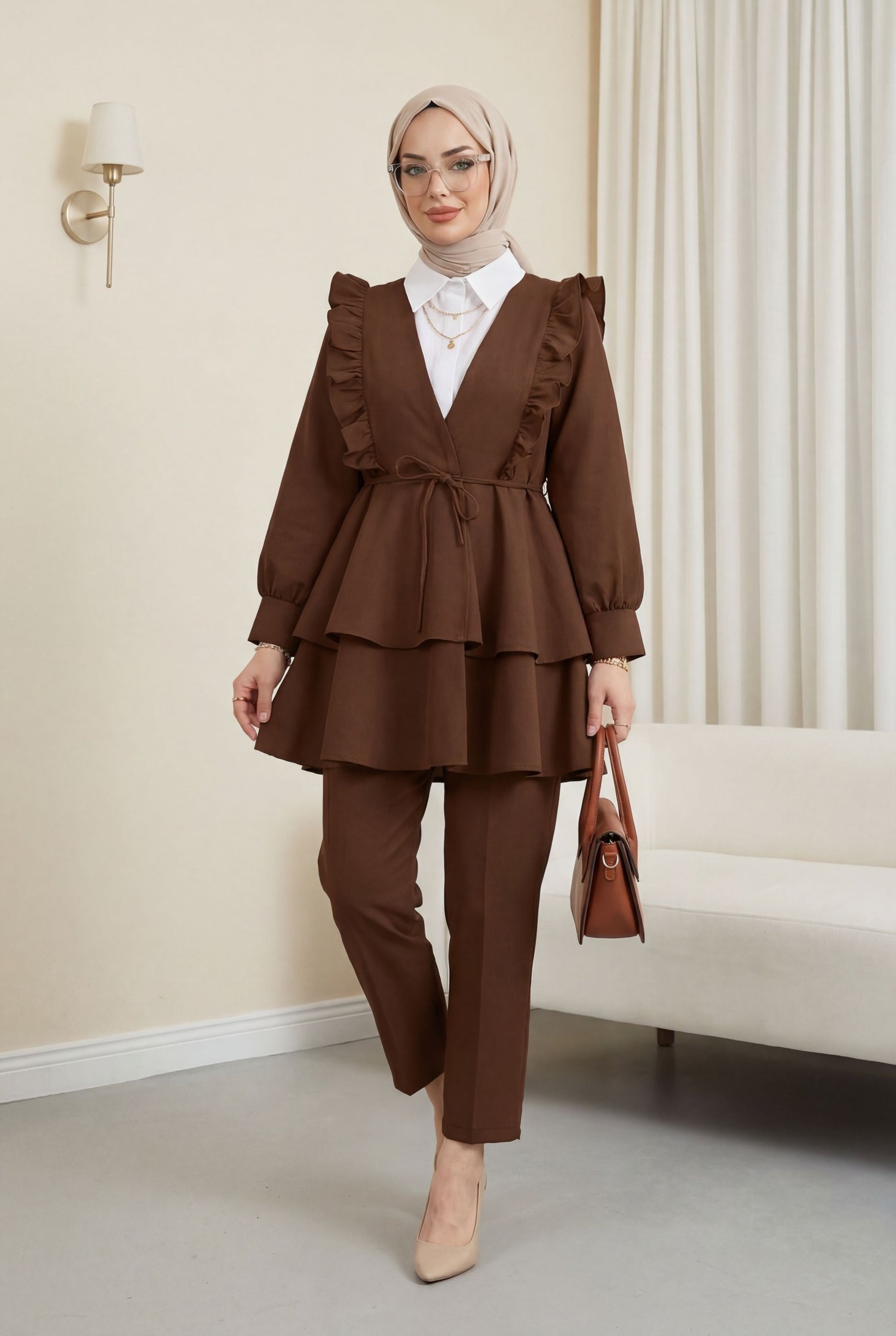 Önü Fırfırlı Bağcıklı Eteği Katlı Pantolonlu Kimono Takım     -Taba