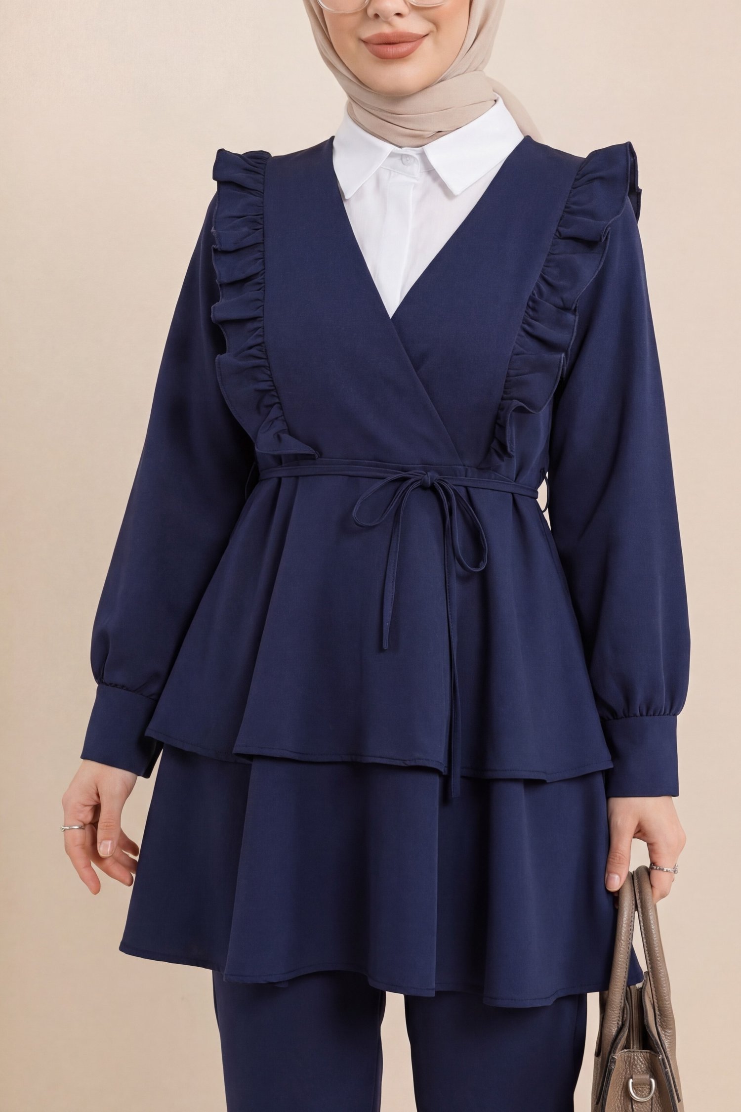Önü Fırfırlı Bağcıklı Eteği Katlı Pantolonlu Kimono Takım  -Laci