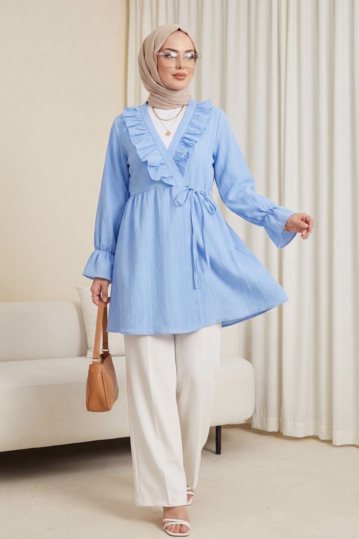 Önü Fırfırlı Bağlamalı Krinkıl Kimono   -Bebe Mavi