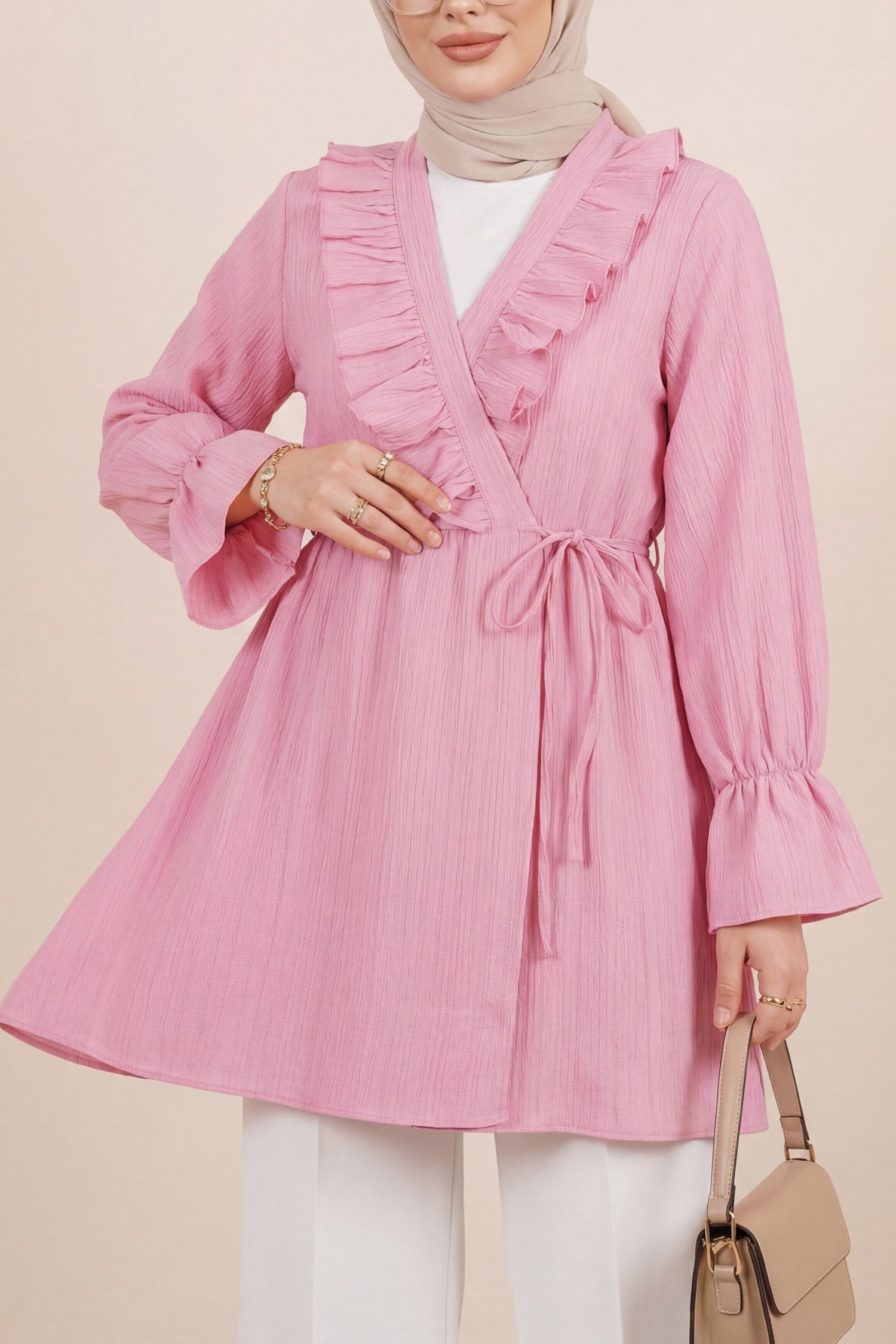 Önü Fırfırlı Bağlamalı Krinkıl Kimono   -Pembe