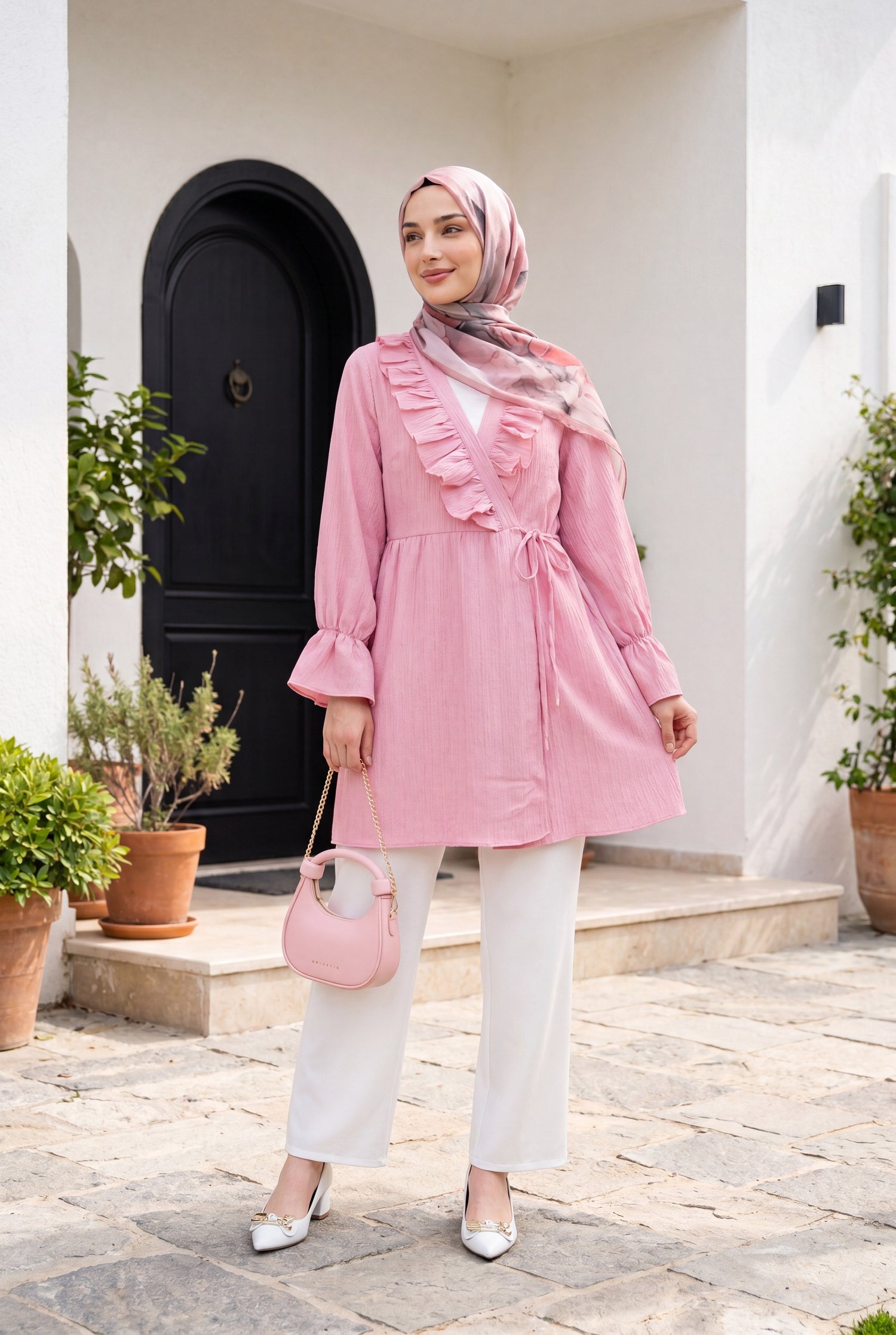 Önü Fırfırlı Bağlamalı Krinkıl Kimono   -Pembe