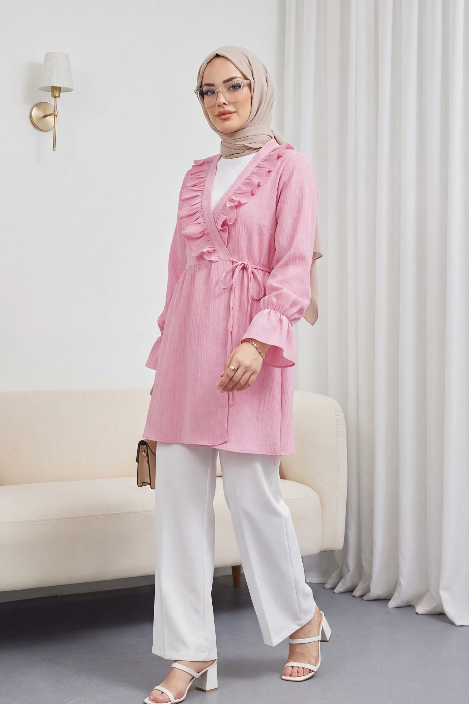 Önü Fırfırlı Bağlamalı Krinkıl Kimono   -Pembe
