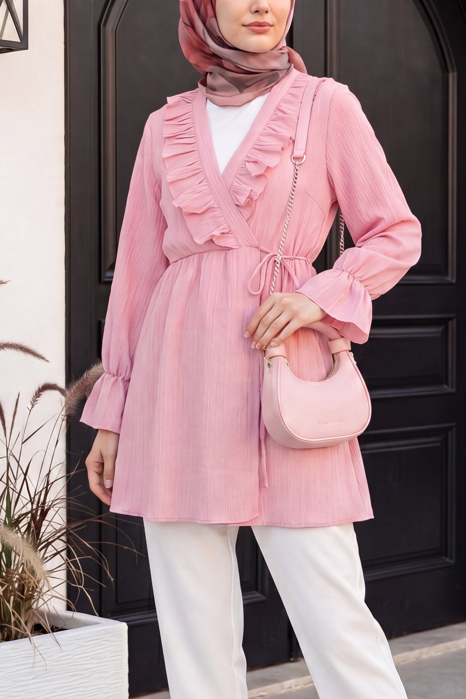 Önü Fırfırlı Bağlamalı Krinkıl Kimono   -Pembe