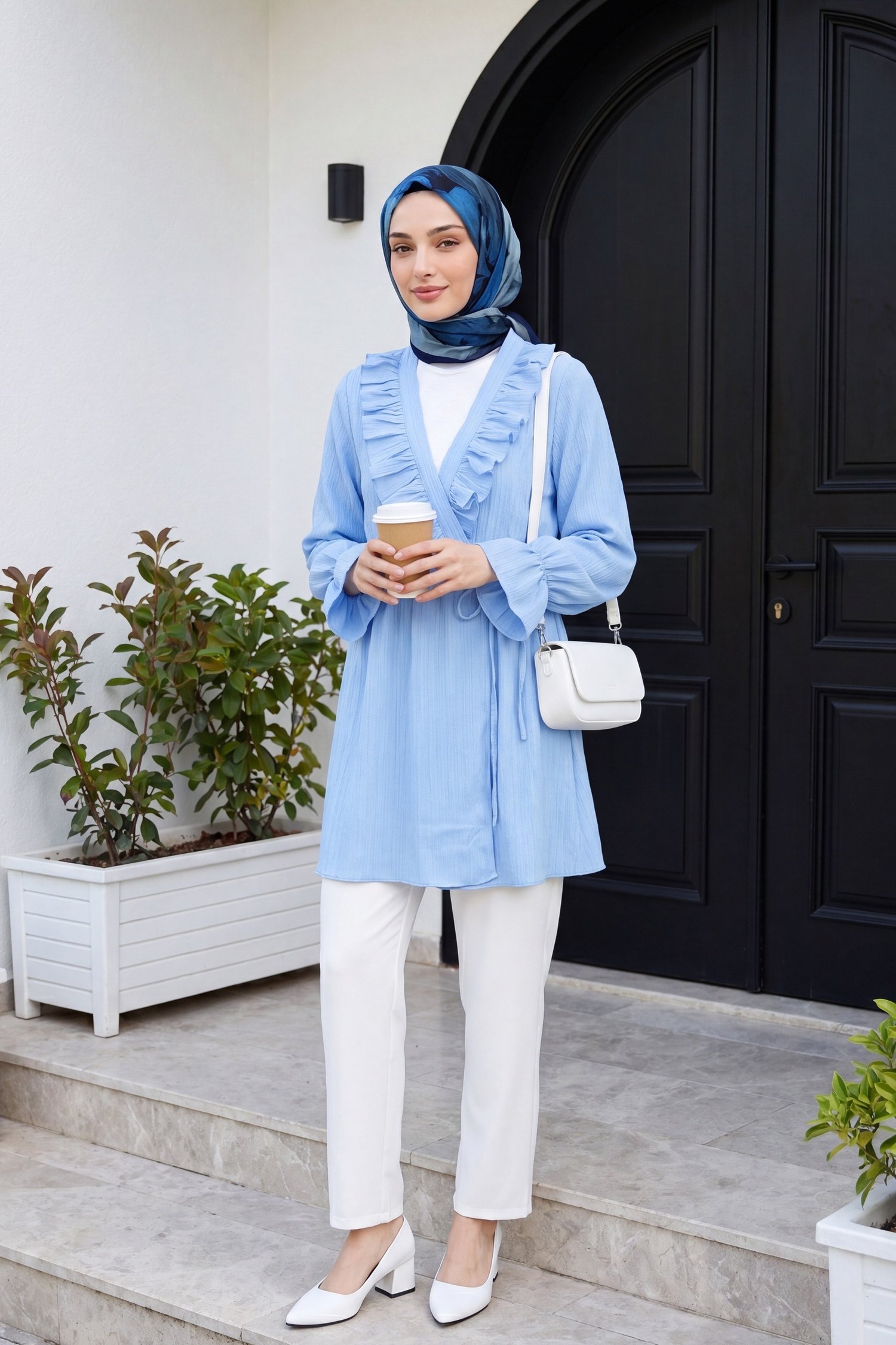 Önü Fırfırlı Bağlamalı Krinkıl Kimono   -Bebe Mavi