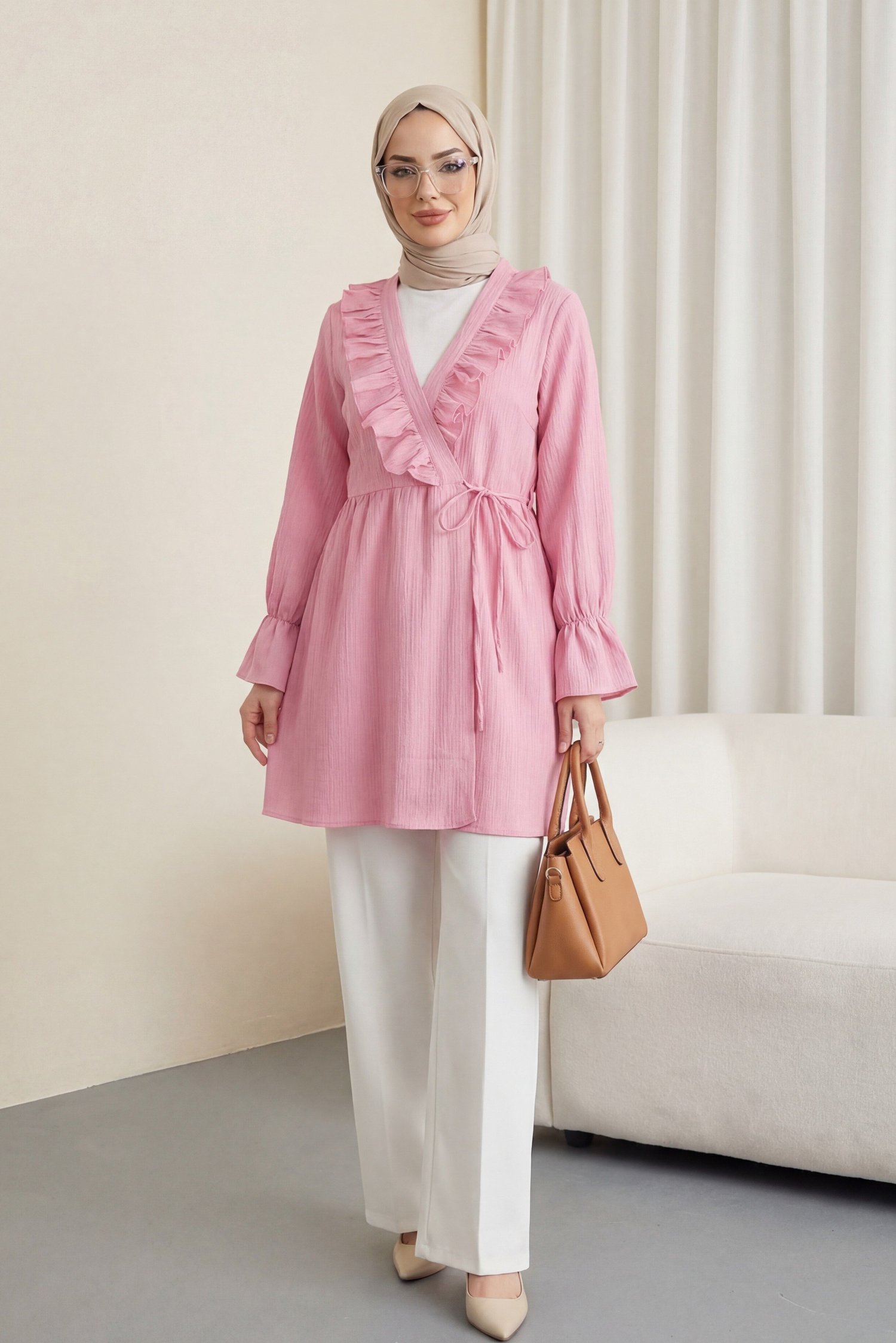 Önü Fırfırlı Bağlamalı Krinkıl Kimono   -Pembe