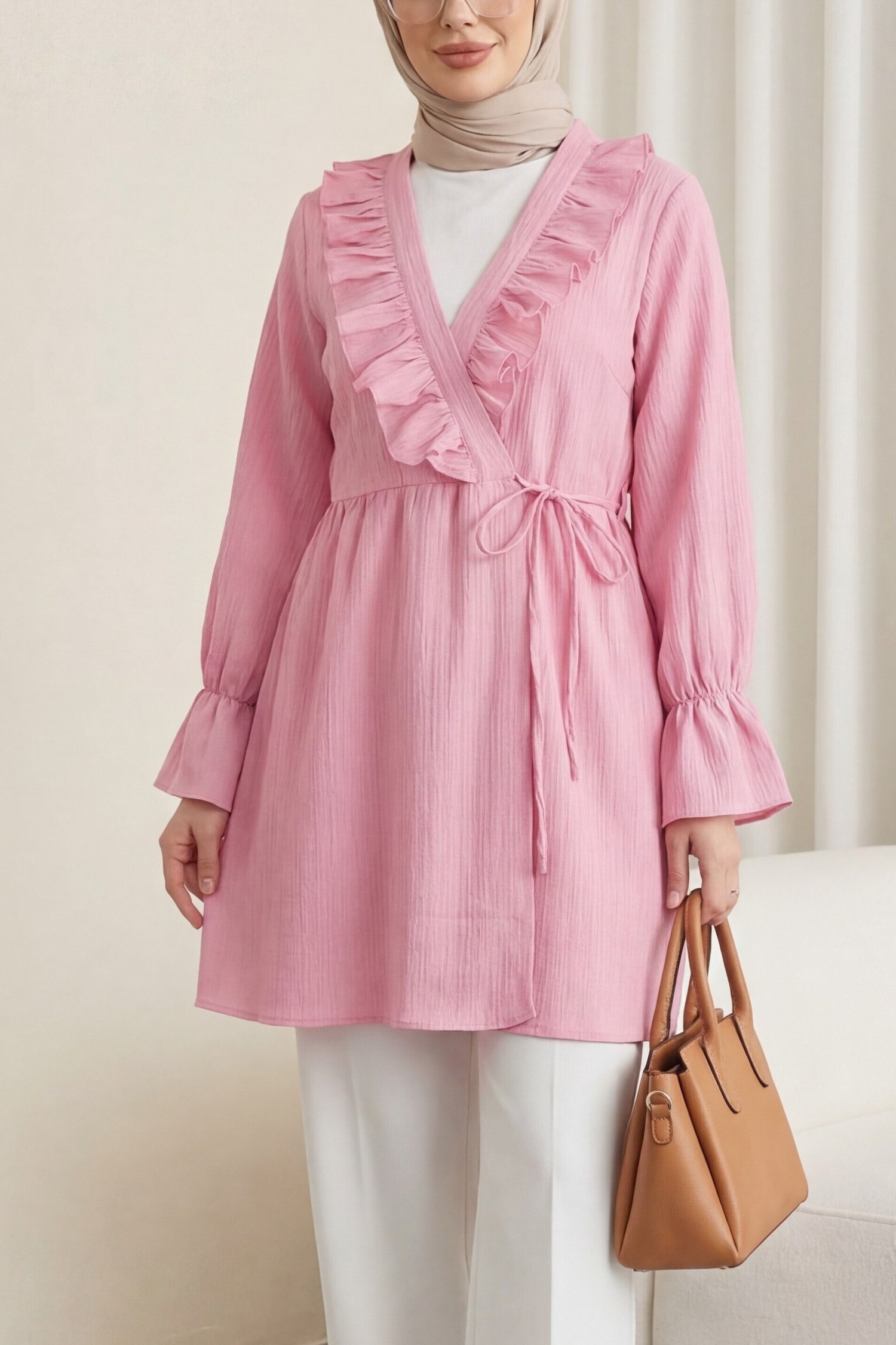 Önü Fırfırlı Bağlamalı Krinkıl Kimono   -Pembe