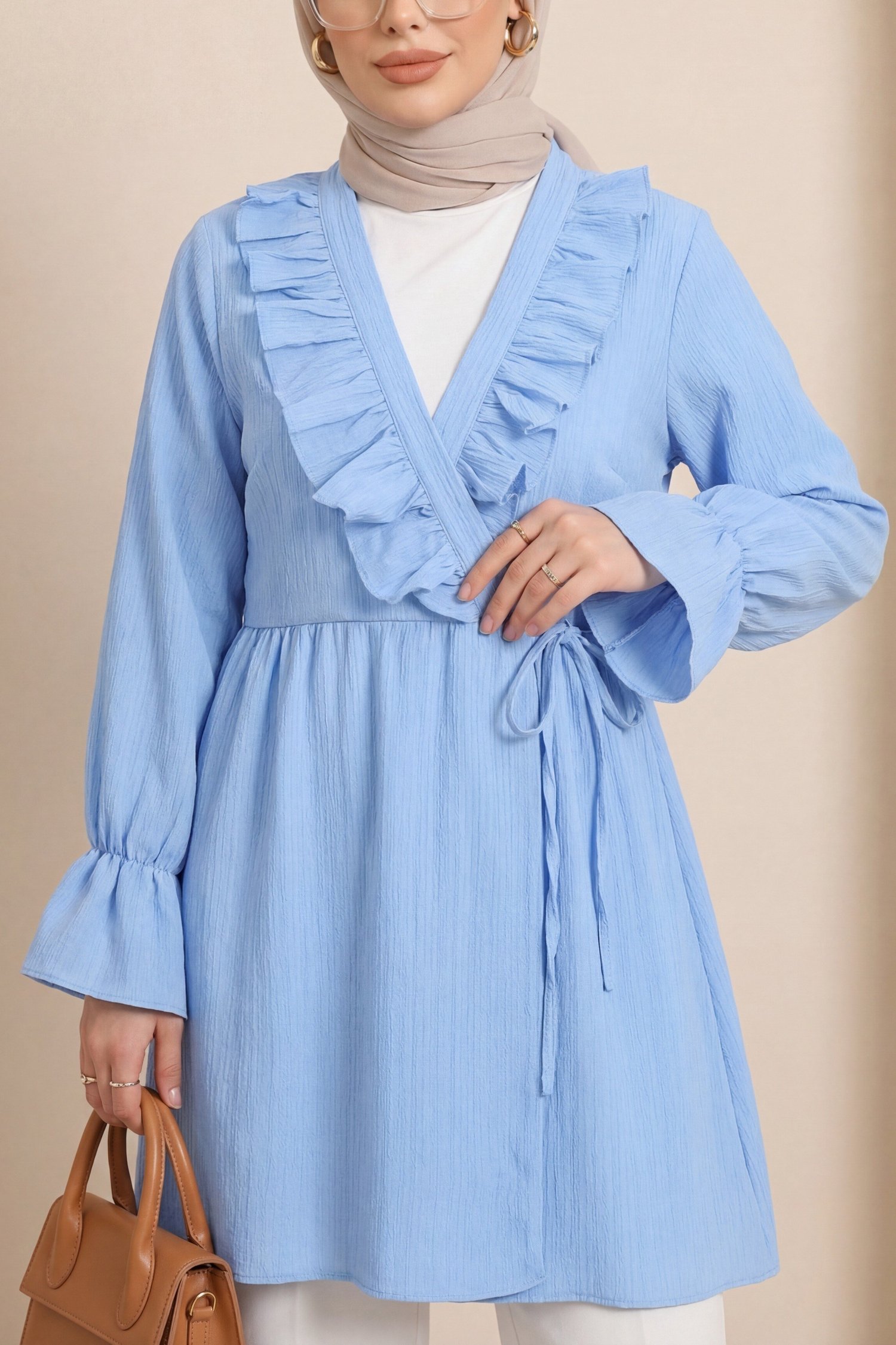 Önü Fırfırlı Bağlamalı Krinkıl Kimono   -Bebe Mavi